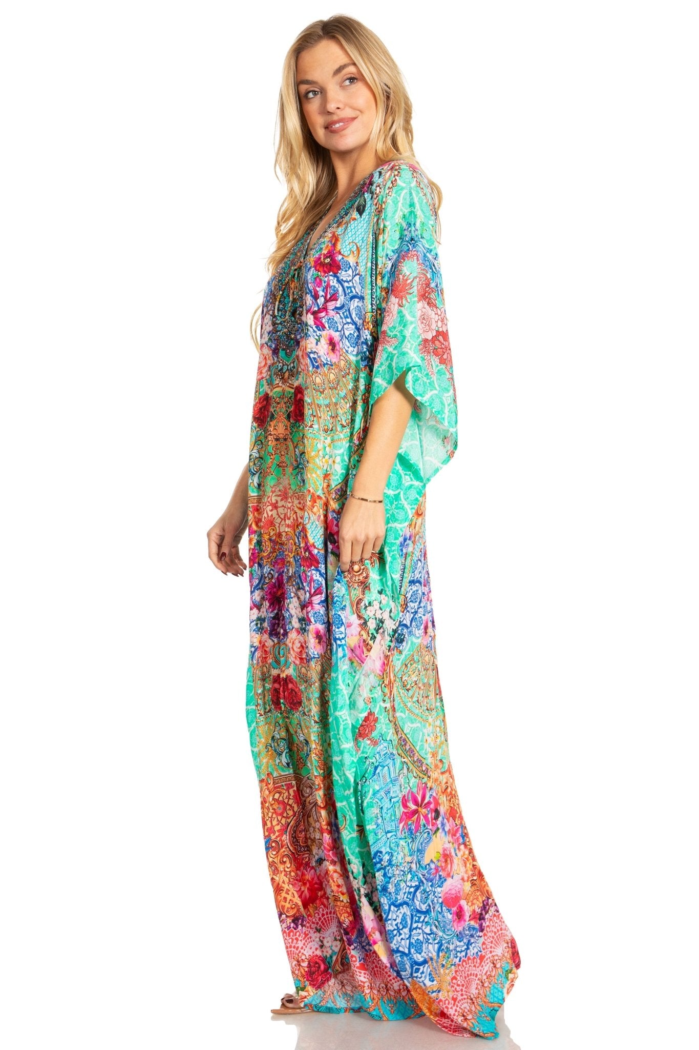 Sakkas Georgettina 2025 Flowy Rhinestone V Neck Long Caftan Dress / Cover Up dresses La Vie Bien Sakkas Georgettina 2025 Flowy Rhinestone V Neck Long Caftan Dress / Cover Up