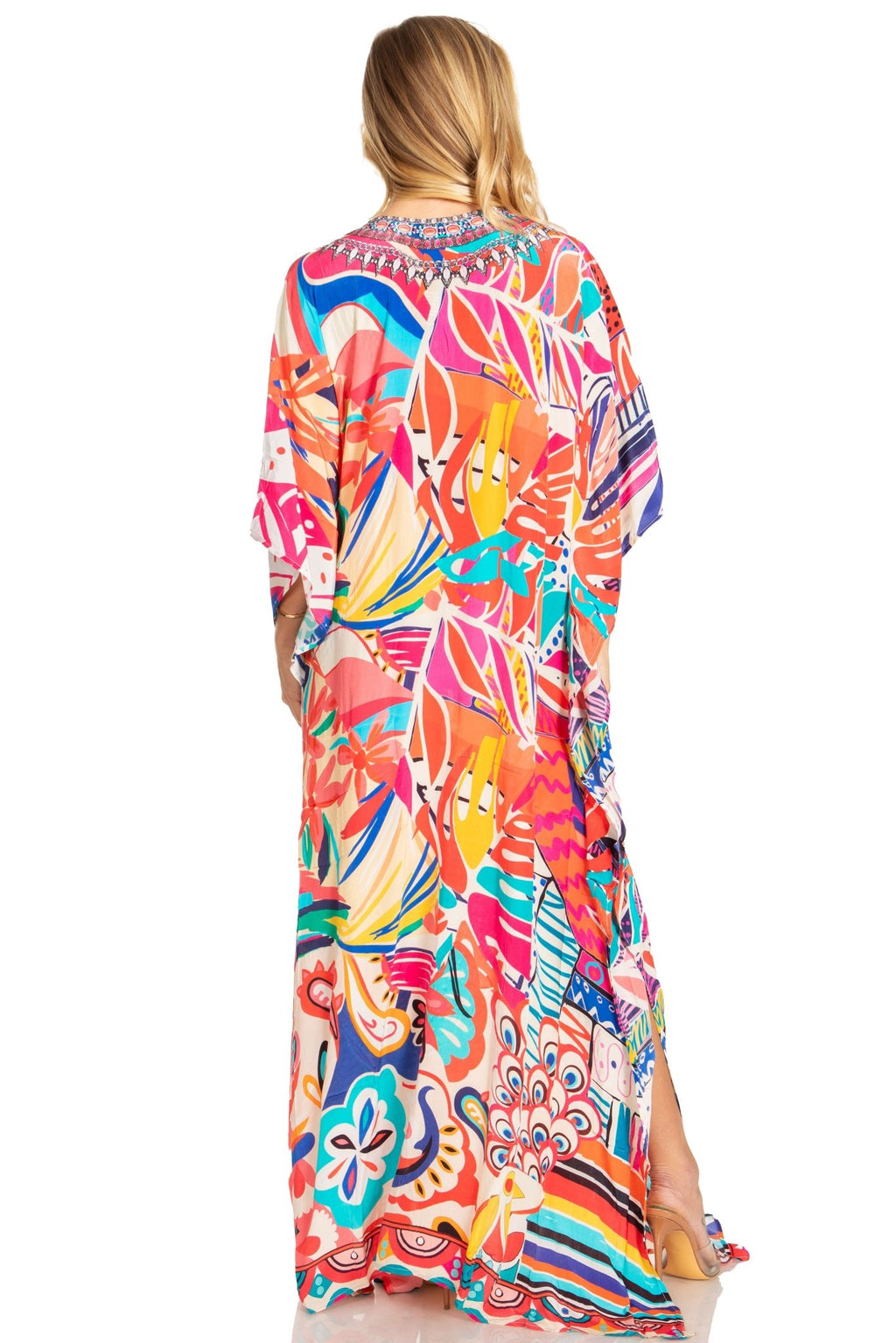 Sakkas Georgettina 2025 Flowy Rhinestone V Neck Long Caftan Dress / Cover Up dresses La Vie Bien Sakkas Georgettina 2025 Flowy Rhinestone V Neck Long Caftan Dress / Cover Up