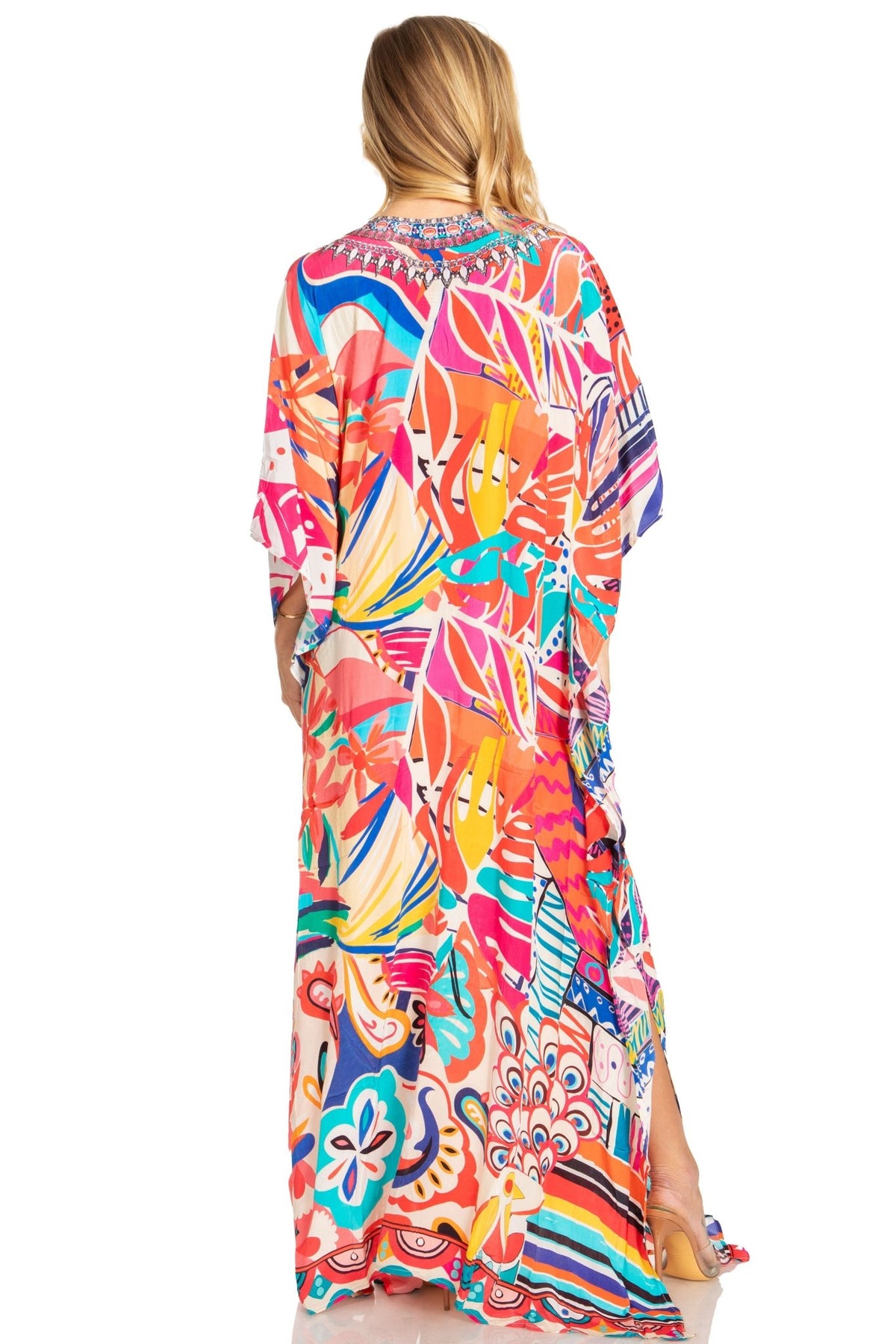 Sakkas Georgettina 2025 Flowy Rhinestone V Neck Long Caftan Dress / Cover Up dresses La Vie Bien Sakkas Georgettina 2025 Flowy Rhinestone V Neck Long Caftan Dress / Cover Up