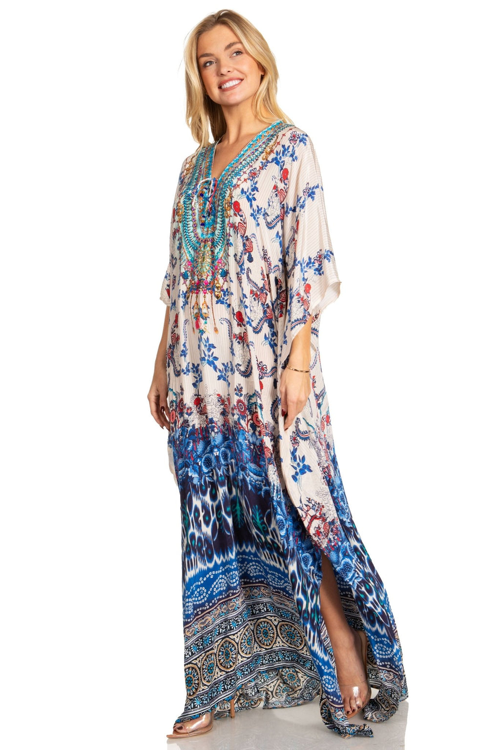 Sakkas Georgettina 2025 Flowy Rhinestone V Neck Long Caftan Dress / Cover Up dresses La Vie Bien Sakkas Georgettina 2025 Flowy Rhinestone V Neck Long Caftan Dress / Cover Up