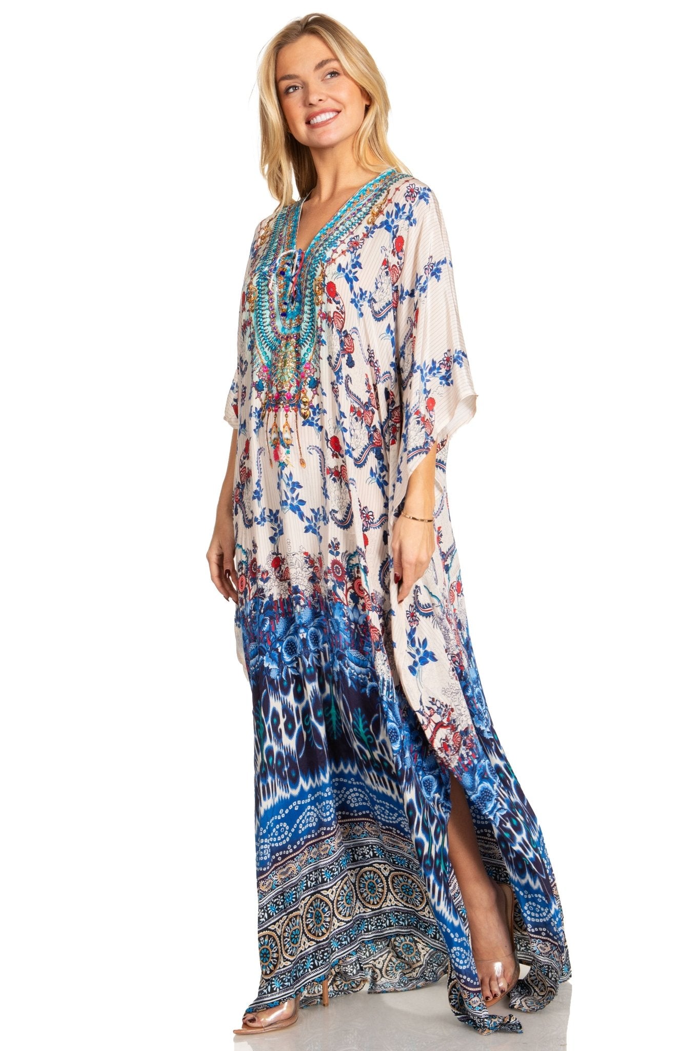 Sakkas Georgettina 2025 Flowy Rhinestone V Neck Long Caftan Dress / Cover Up dresses La Vie Bien Sakkas Georgettina 2025 Flowy Rhinestone V Neck Long Caftan Dress / Cover Up
