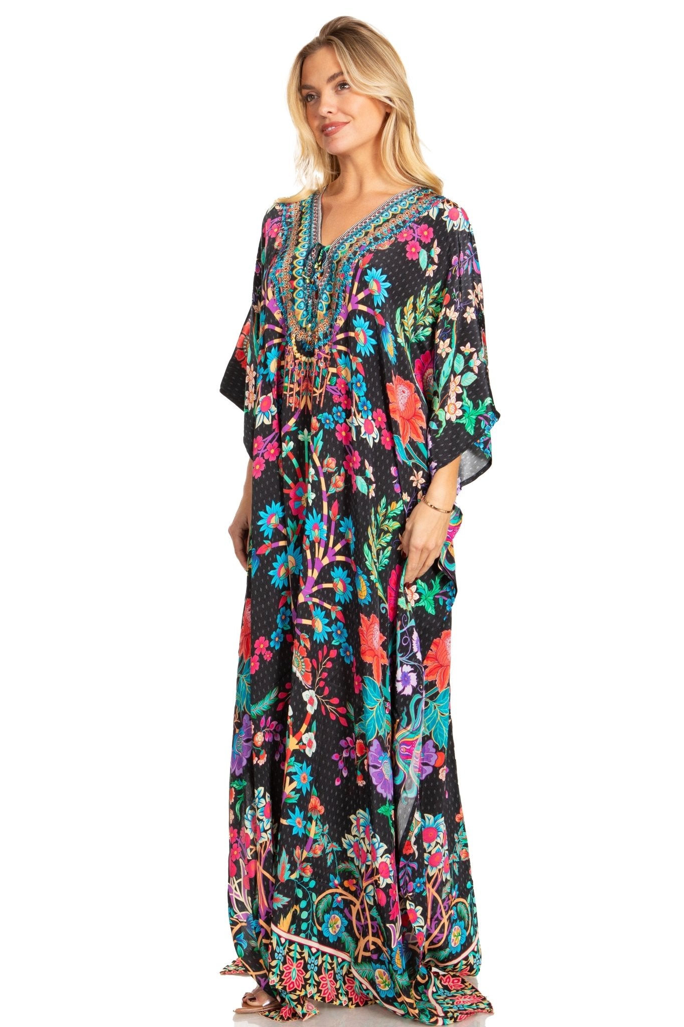 Sakkas Georgettina 2025 Flowy Rhinestone V Neck Long Caftan Dress / Cover Up dresses La Vie Bien Sakkas Georgettina 2025 Flowy Rhinestone V Neck Long Caftan Dress / Cover Up