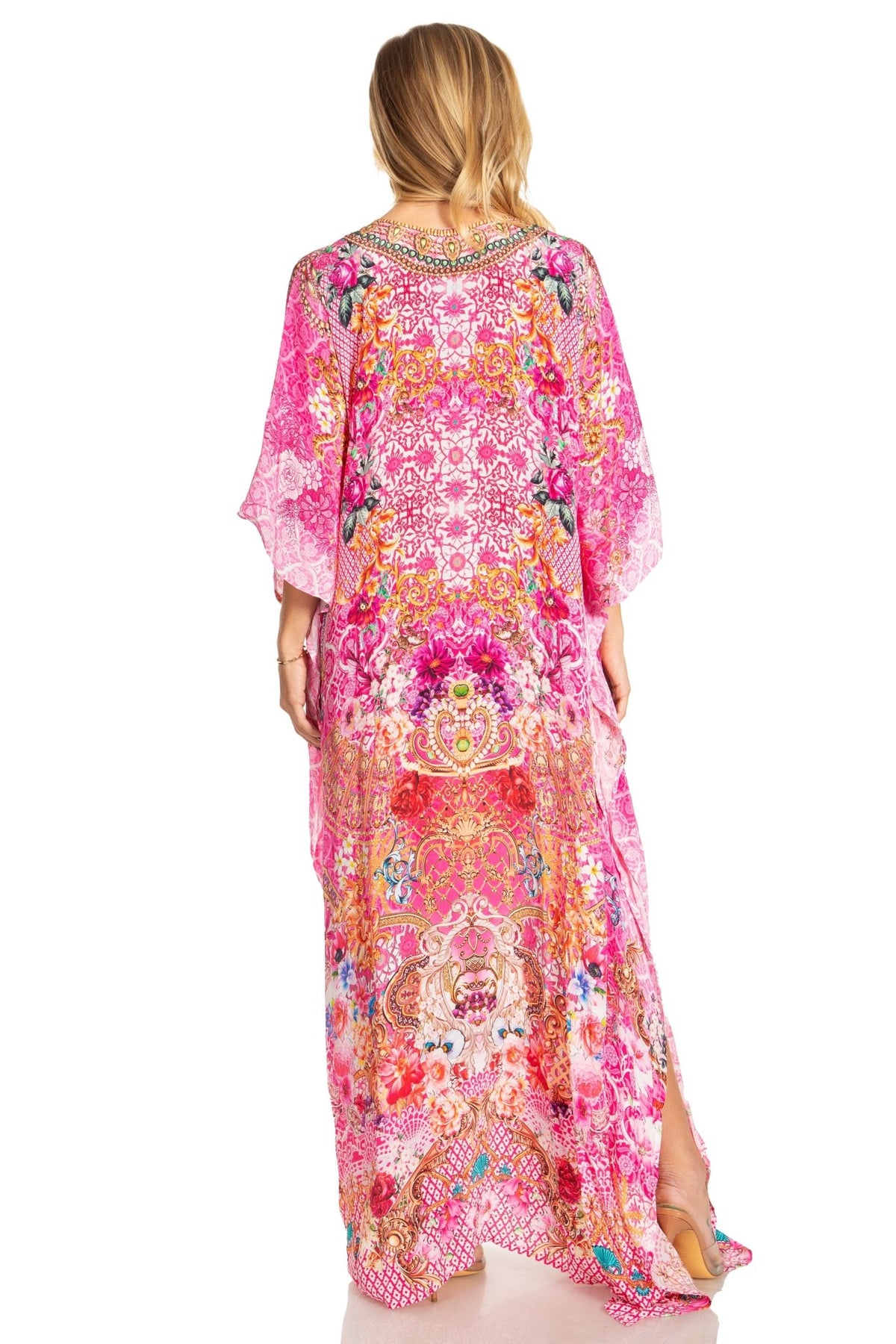 Sakkas Georgettina 2025 Flowy Rhinestone V Neck Long Caftan Dress / Cover Up dresses La Vie Bien Sakkas Georgettina 2025 Flowy Rhinestone V Neck Long Caftan Dress / Cover Up