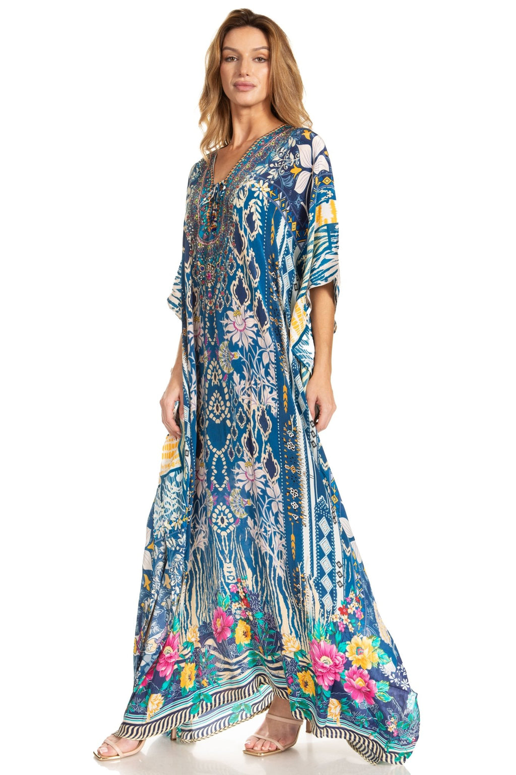 Sakkas Georgettina 2025 Flowy Rhinestone V Neck Long Caftan Dress / Cover Up dresses La Vie Bien Sakkas Georgettina 2025 Flowy Rhinestone V Neck Long Caftan Dress / Cover Up