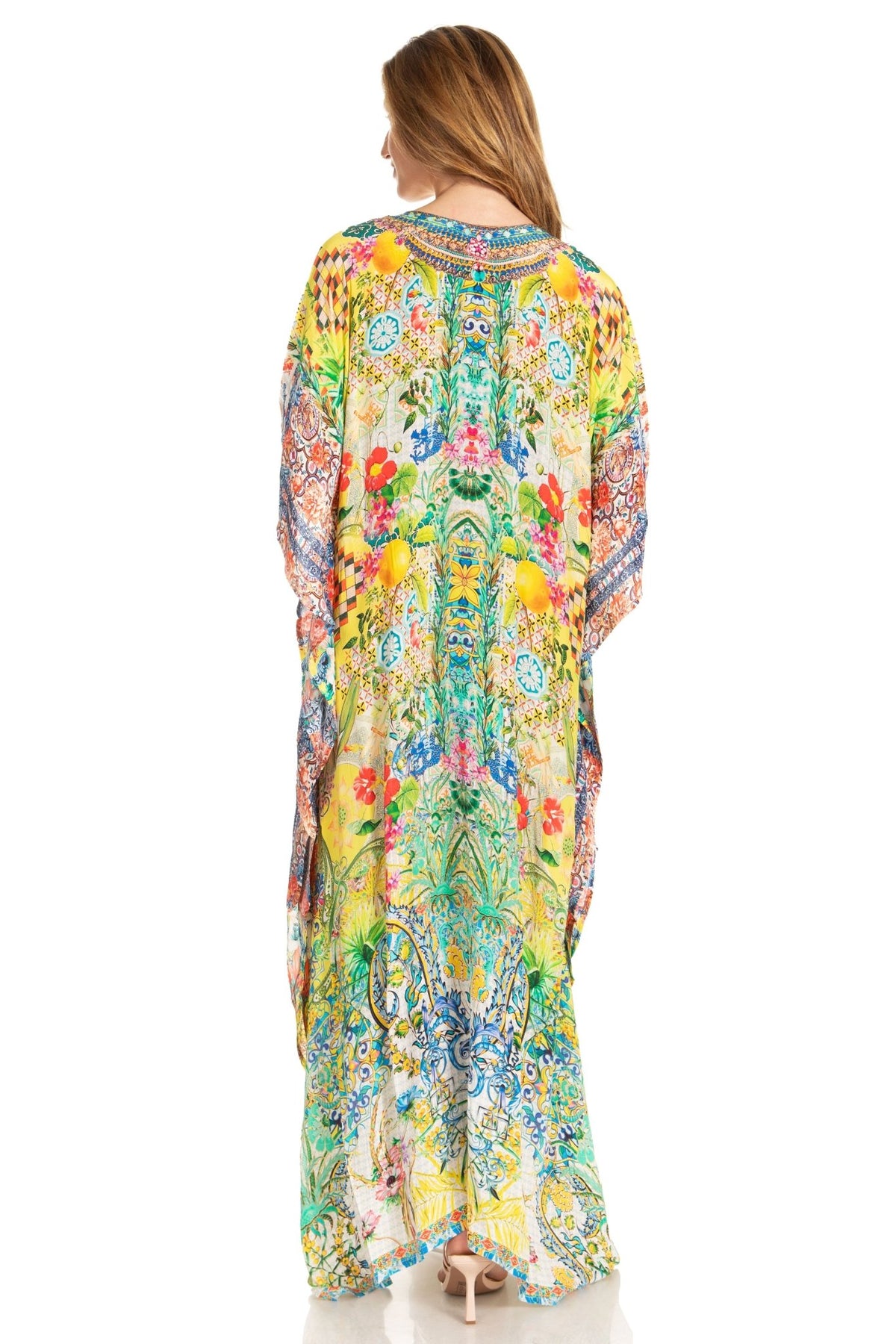 Sakkas Georgettina 2025 Flowy Rhinestone V Neck Long Caftan Dress / Cover Up dresses La Vie Bien Sakkas Georgettina 2025 Flowy Rhinestone V Neck Long Caftan Dress / Cover Up