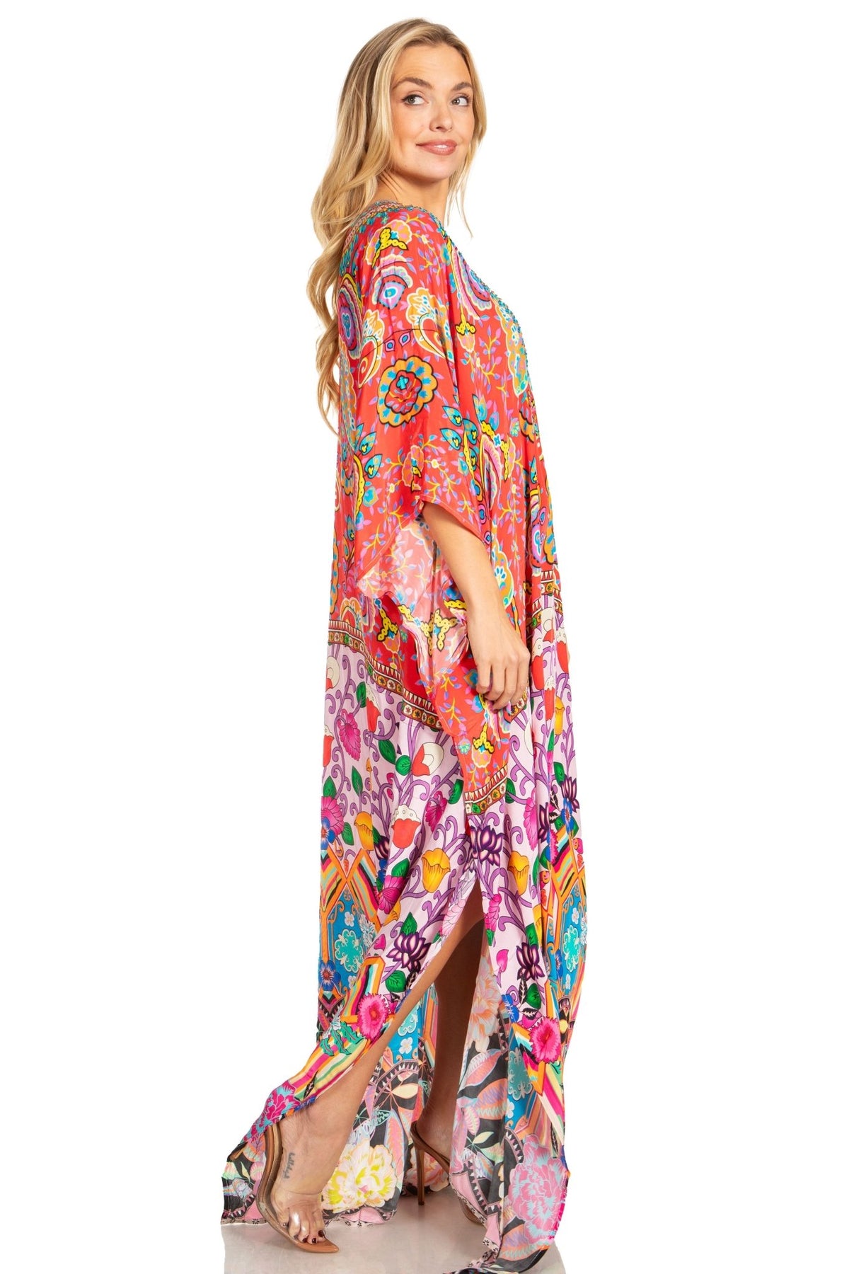 Sakkas Georgettina 2025 Flowy Rhinestone V Neck Long Caftan Dress / Cover Up dresses La Vie Bien Sakkas Georgettina 2025 Flowy Rhinestone V Neck Long Caftan Dress / Cover Up