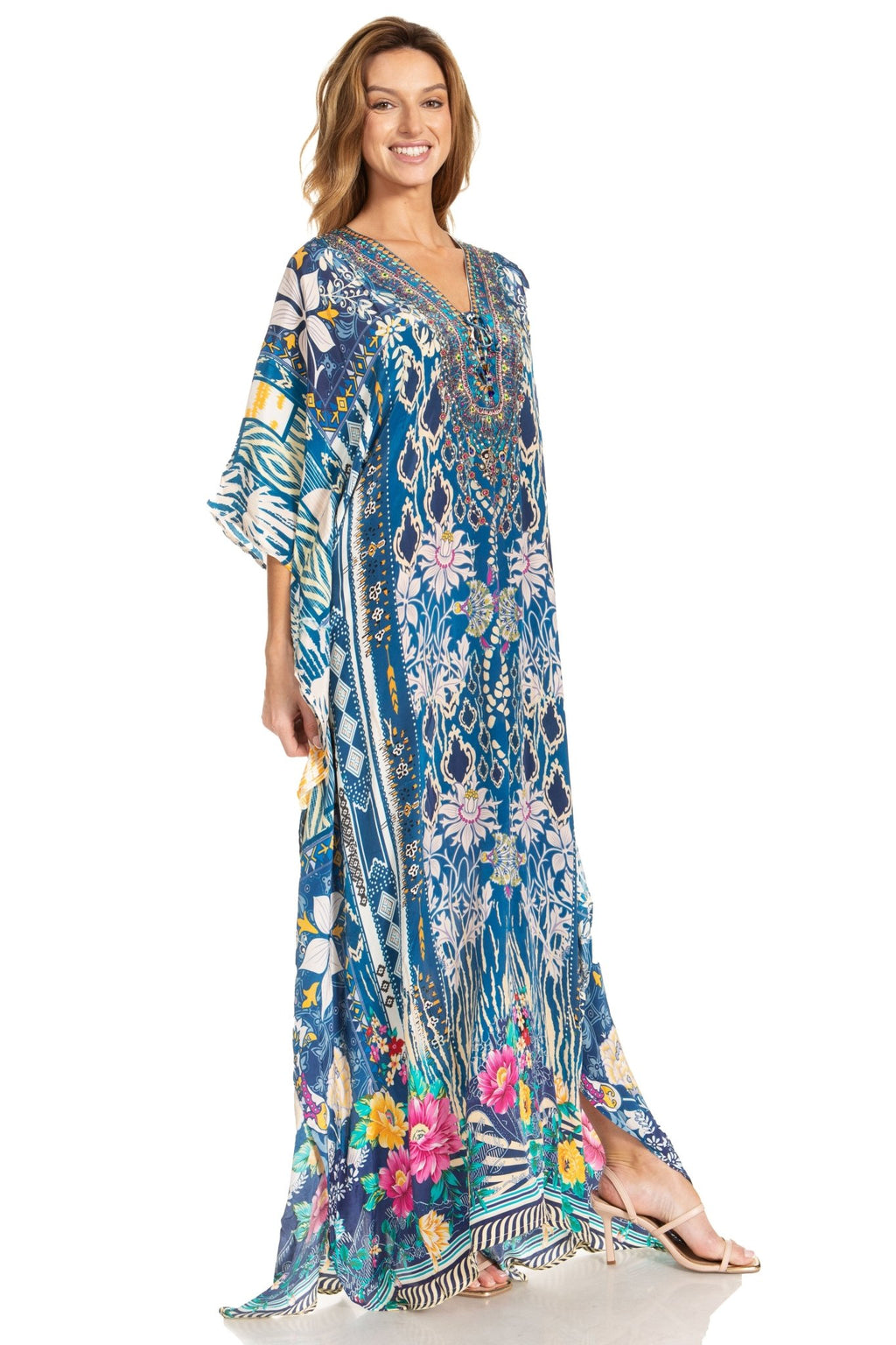 Sakkas Georgettina 2025 Flowy Rhinestone V Neck Long Caftan Dress / Cover Up dresses La Vie Bien Sakkas Georgettina 2025 Flowy Rhinestone V Neck Long Caftan Dress / Cover Up
