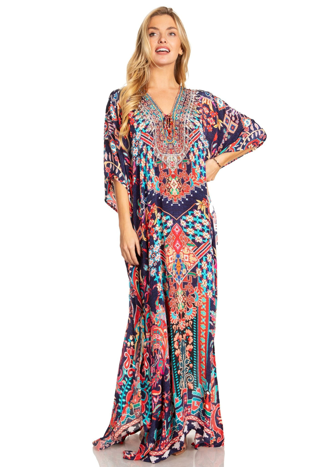 Sakkas Georgettina 2025 Flowy Rhinestone V Neck Long Caftan Dress / Cover Up dresses La Vie Bien Sakkas Georgettina 2025 Flowy Rhinestone V Neck Long Caftan Dress / Cover Up