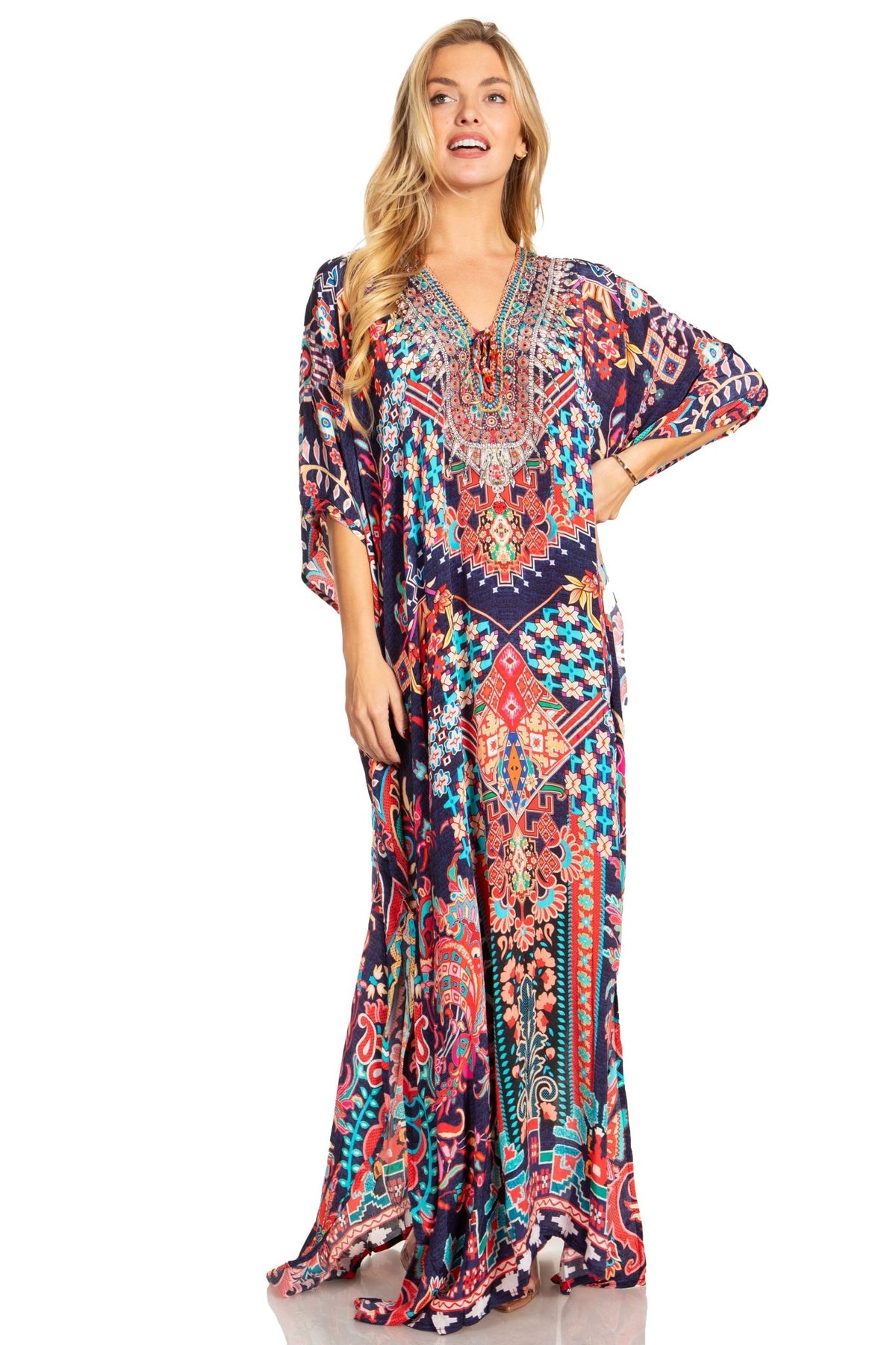 Sakkas Georgettina 2025 Flowy Rhinestone V Neck Long Caftan Dress / Cover Up dresses La Vie Bien Sakkas Georgettina 2025 Flowy Rhinestone V Neck Long Caftan Dress / Cover Up