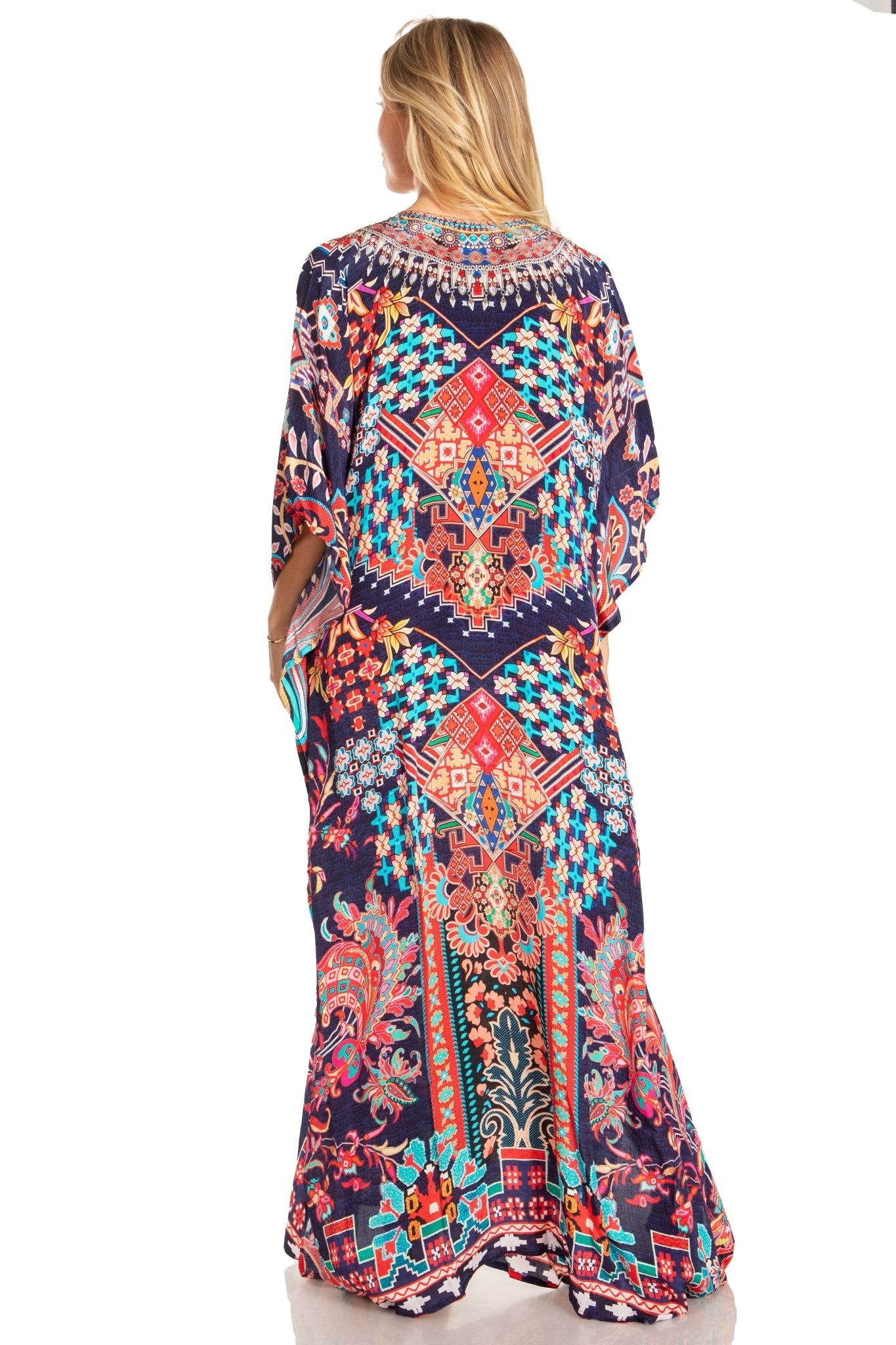 Sakkas Georgettina 2025 Flowy Rhinestone V Neck Long Caftan Dress / Cover Up dresses La Vie Bien Sakkas Georgettina 2025 Flowy Rhinestone V Neck Long Caftan Dress / Cover Up