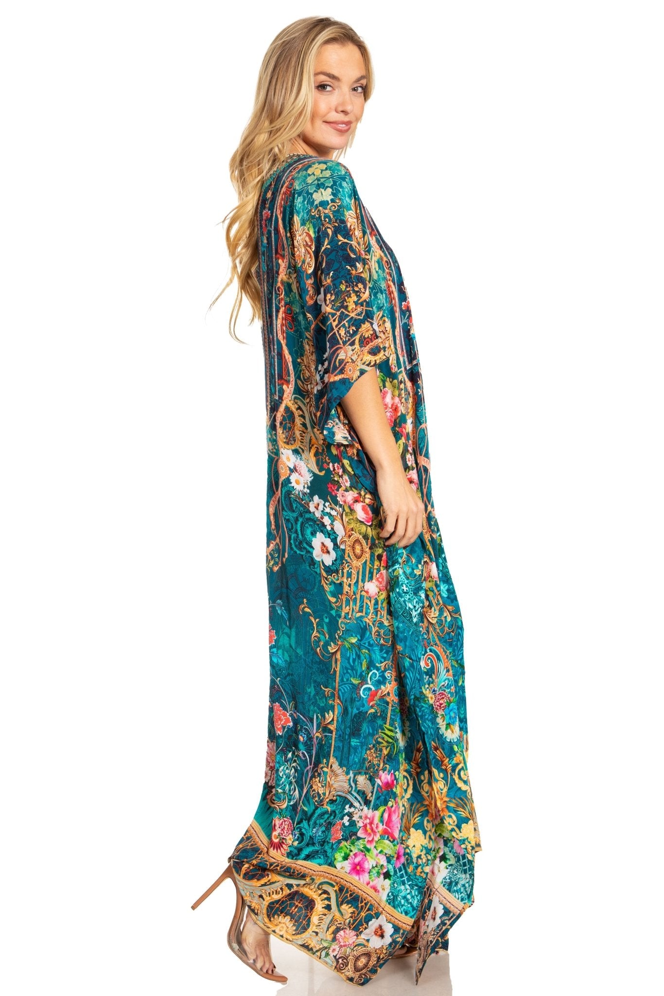 Sakkas Georgettina 2025 Flowy Rhinestone V Neck Long Caftan Dress / Cover Up dresses La Vie Bien Sakkas Georgettina 2025 Flowy Rhinestone V Neck Long Caftan Dress / Cover Up