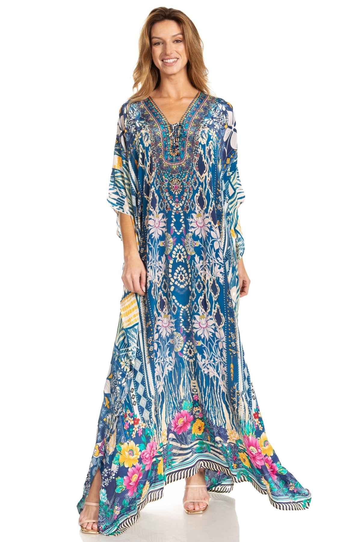 Sakkas Georgettina 2025 Flowy Rhinestone V Neck Long Caftan Dress / Cover Up dresses La Vie Bien Sakkas Georgettina 2025 Flowy Rhinestone V Neck Long Caftan Dress / Cover Up