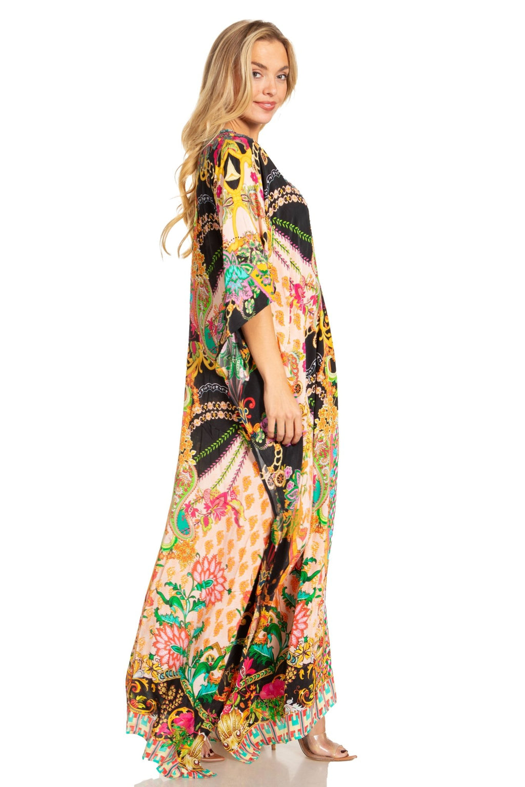 Sakkas Georgettina 2025 Flowy Rhinestone V Neck Long Caftan Dress / Cover Up dresses La Vie Bien Sakkas Georgettina 2025 Flowy Rhinestone V Neck Long Caftan Dress / Cover Up