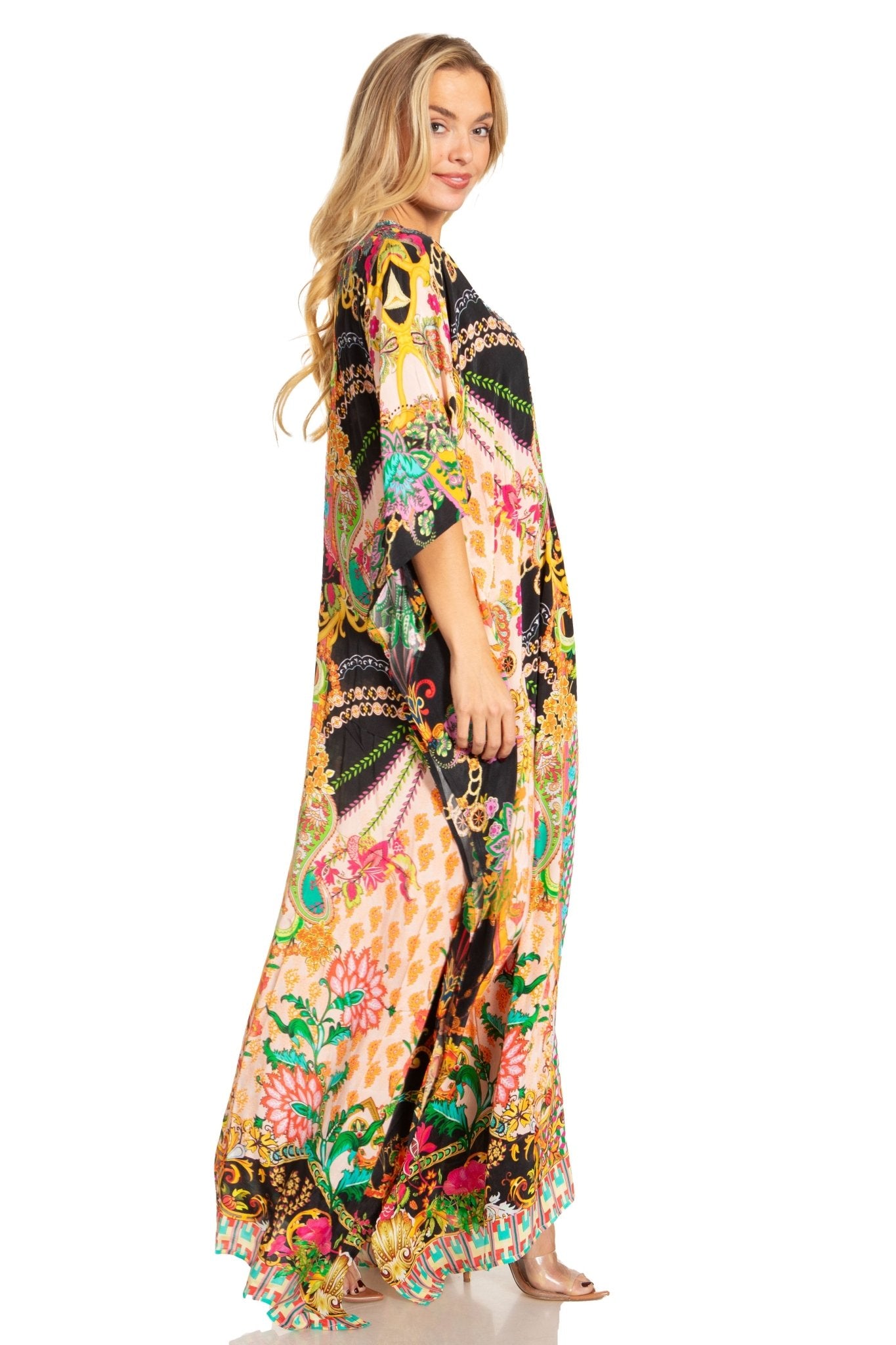 Sakkas Georgettina 2025 Flowy Rhinestone V Neck Long Caftan Dress / Cover Up dresses La Vie Bien Sakkas Georgettina 2025 Flowy Rhinestone V Neck Long Caftan Dress / Cover Up