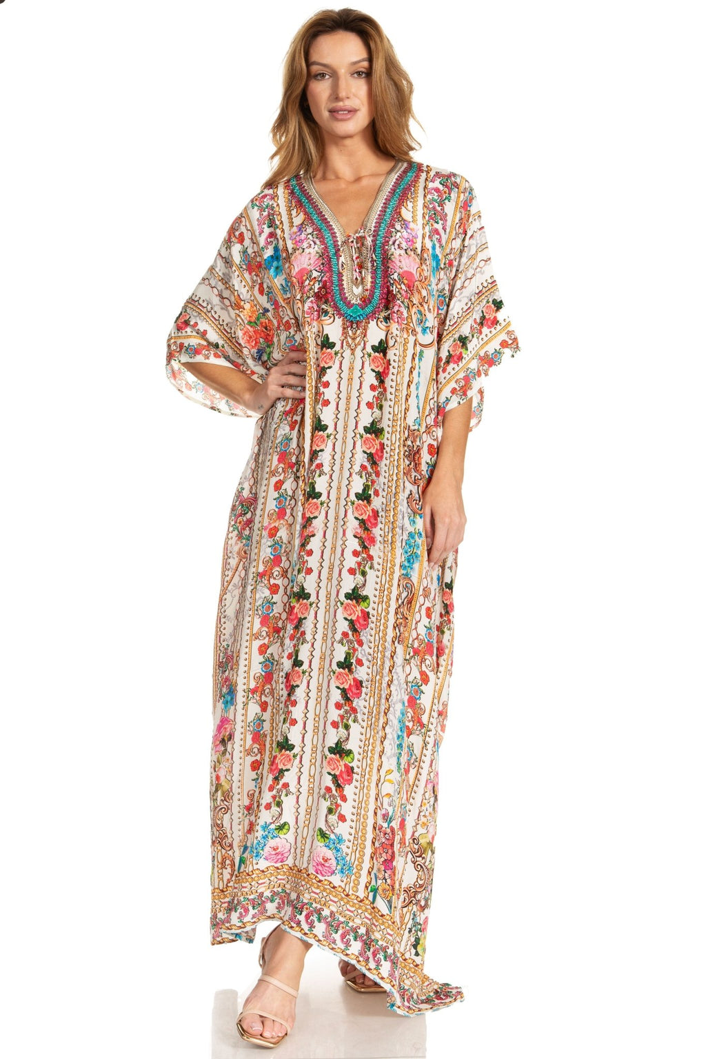 Sakkas Georgettina 2025 Flowy Rhinestone V Neck Long Caftan Dress / Cover Up dresses La Vie Bien Sakkas Georgettina 2025 Flowy Rhinestone V Neck Long Caftan Dress / Cover Up