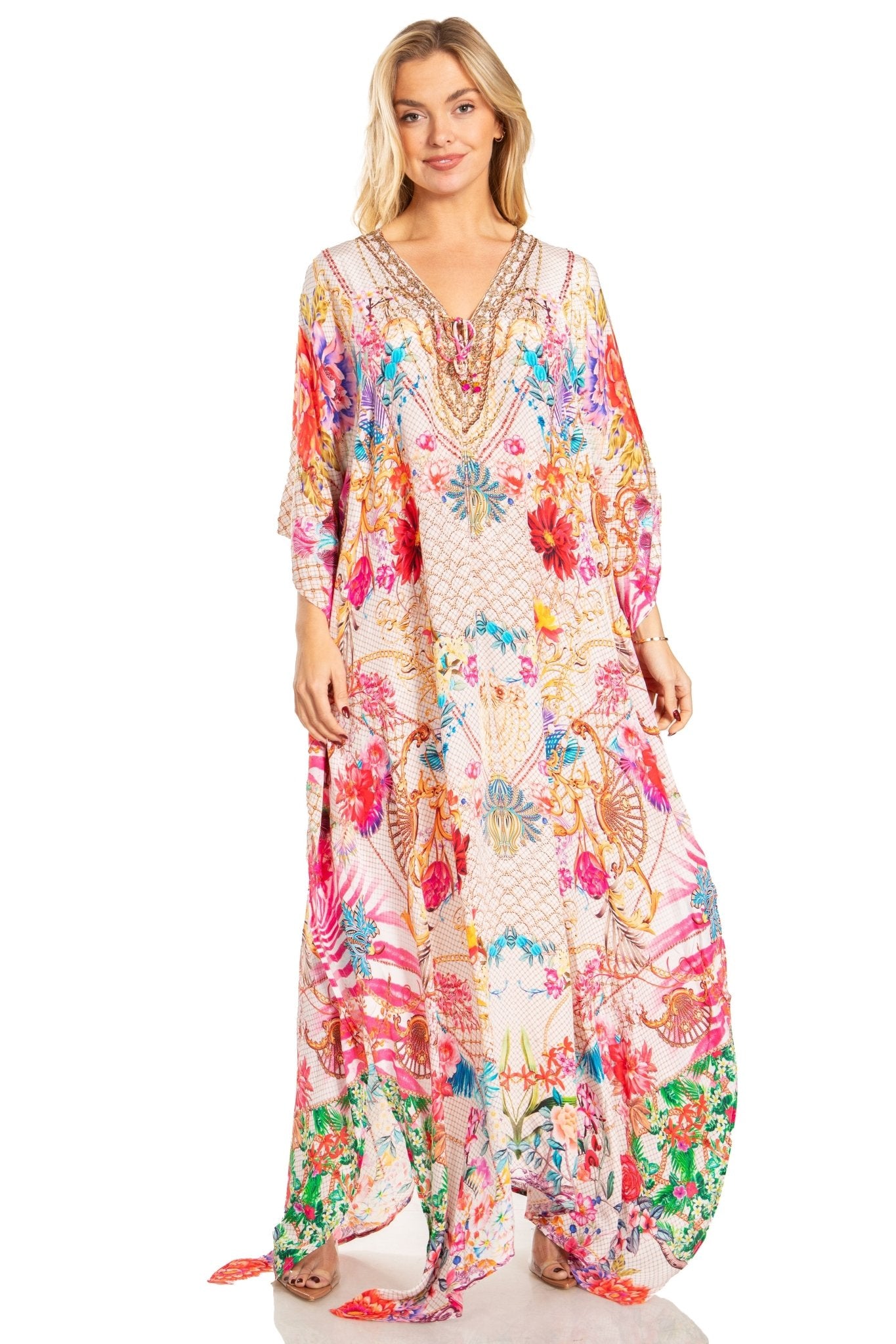 Sakkas Georgettina 2025 Flowy Rhinestone V Neck Long Caftan Dress / Cover Up dresses La Vie Bien Sakkas Georgettina 2025 Flowy Rhinestone V Neck Long Caftan Dress / Cover Up
