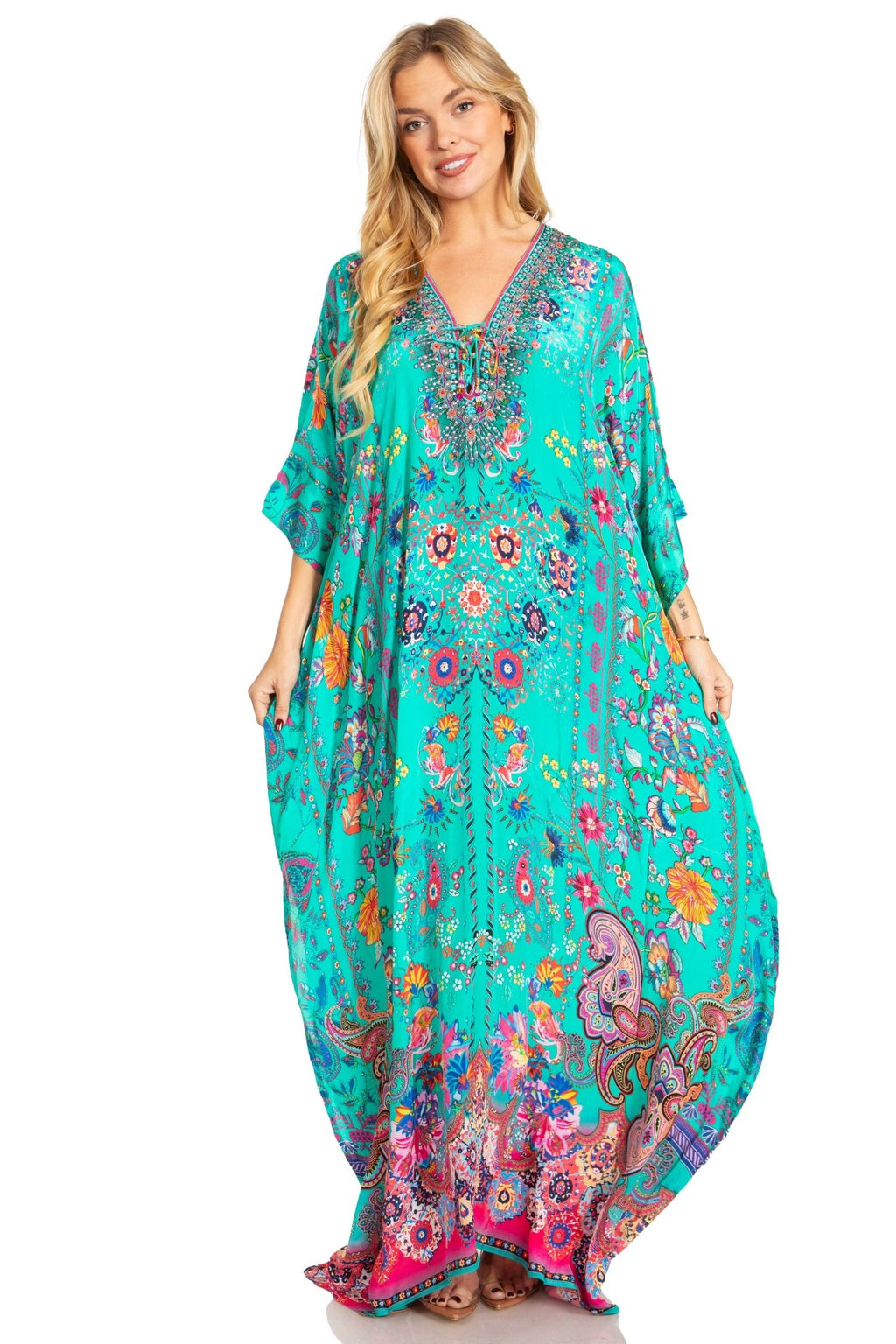 Sakkas Georgettina 2025 Flowy Rhinestone V Neck Long Caftan Dress / Cover Up dresses La Vie Bien Sakkas Georgettina 2025 Flowy Rhinestone V Neck Long Caftan Dress / Cover Up