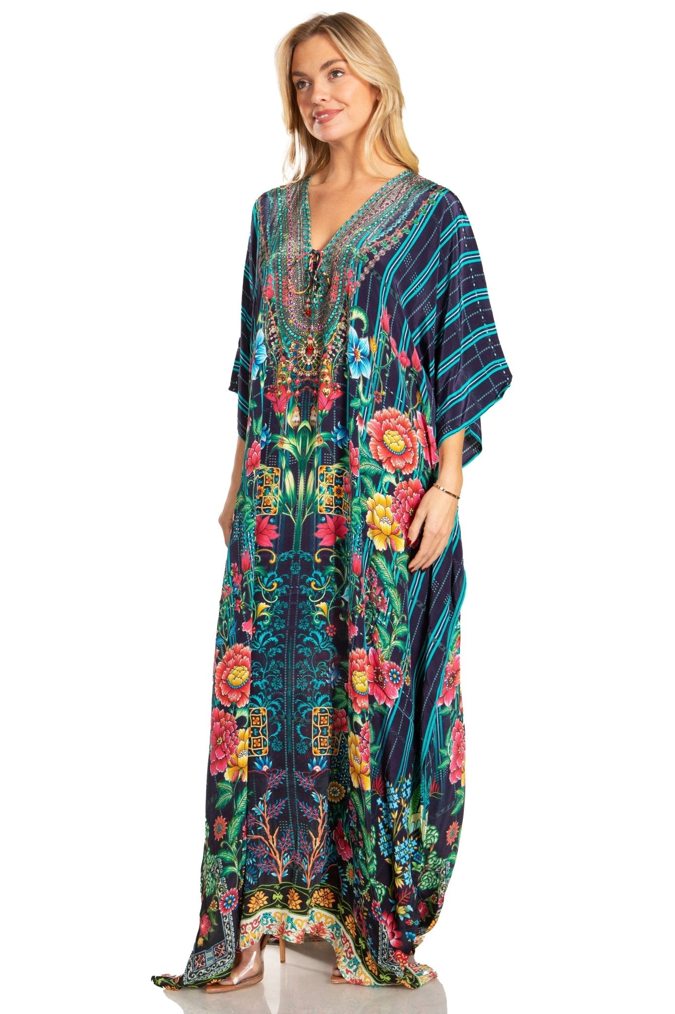 Sakkas Georgettina 2025 Flowy Rhinestone V Neck Long Caftan Dress / Cover Up dresses La Vie Bien Sakkas Georgettina 2025 Flowy Rhinestone V Neck Long Caftan Dress / Cover Up