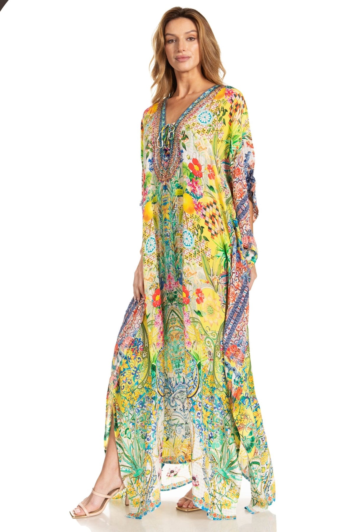 Sakkas Georgettina 2025 Flowy Rhinestone V Neck Long Caftan Dress / Cover Up dresses La Vie Bien Sakkas Georgettina 2025 Flowy Rhinestone V Neck Long Caftan Dress / Cover Up