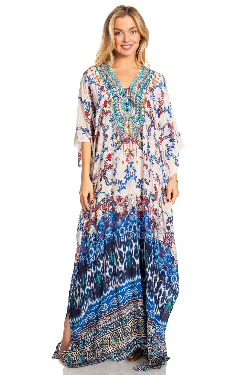 Sakkas Georgettina 2025 Flowy Rhinestone V Neck Long Caftan Dress / Cover Up dresses La Vie Bien Sakkas Georgettina 2025 Flowy Rhinestone V Neck Long Caftan Dress / Cover Up