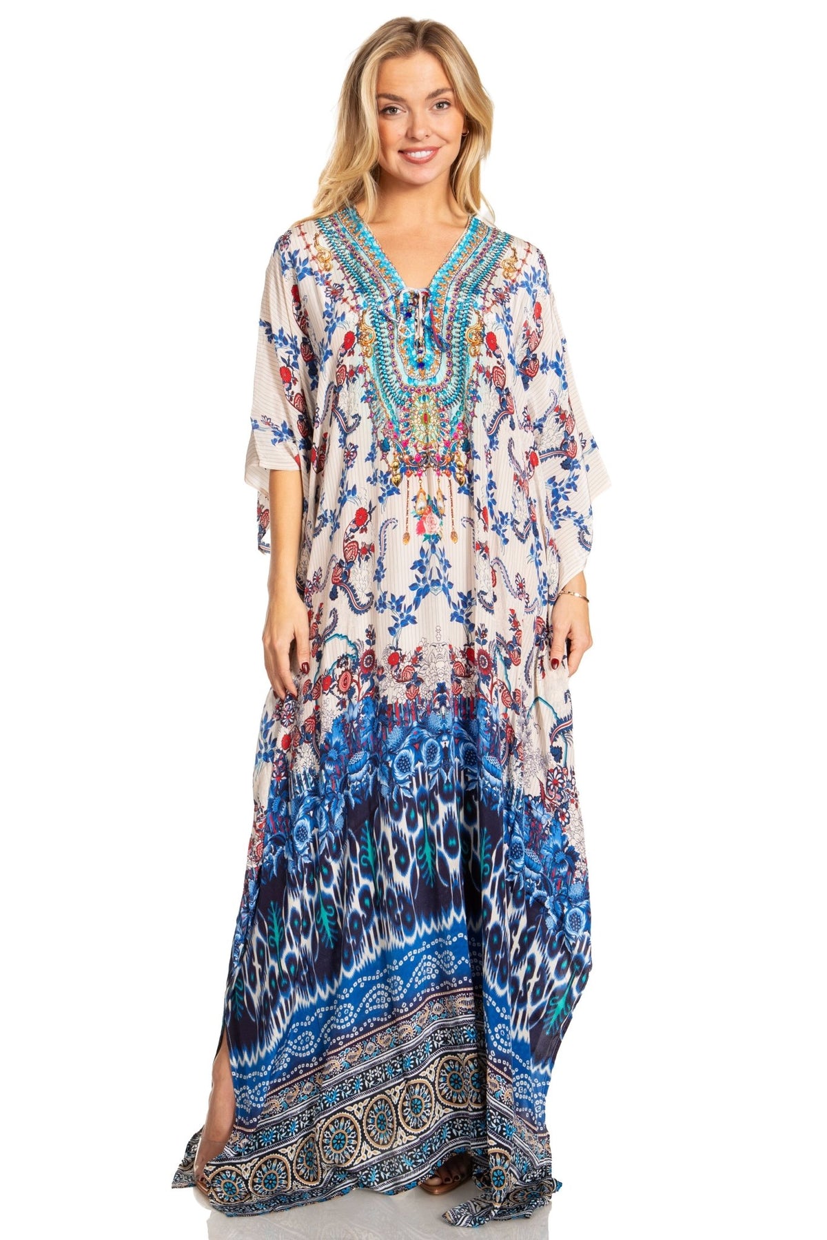 Sakkas Georgettina 2025 Flowy Rhinestone V Neck Long Caftan Dress / Cover Up dresses La Vie Bien Sakkas Georgettina 2025 Flowy Rhinestone V Neck Long Caftan Dress / Cover Up