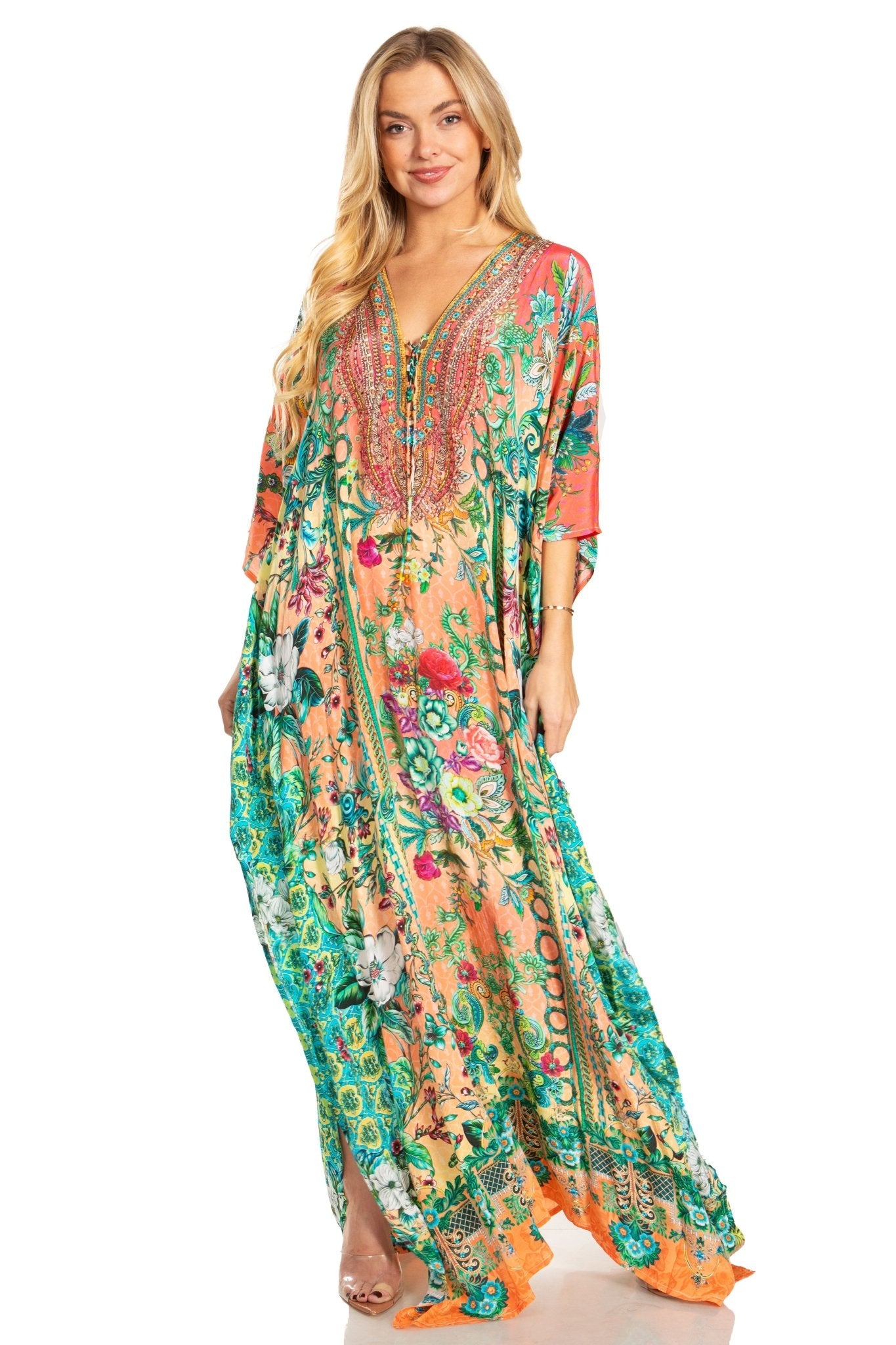 Sakkas Georgettina 2025 Flowy Rhinestone V Neck Long Caftan Dress / Cover Up dresses La Vie Bien Sakkas Georgettina 2025 Flowy Rhinestone V Neck Long Caftan Dress / Cover Up