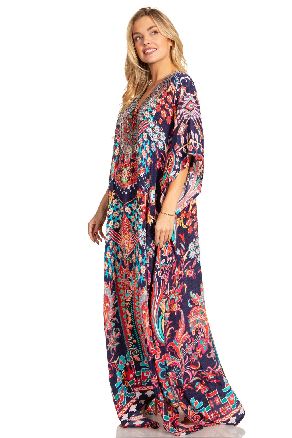 Sakkas Georgettina 2025 Flowy Rhinestone V Neck Long Caftan Dress / Cover Up dresses La Vie Bien Sakkas Georgettina 2025 Flowy Rhinestone V Neck Long Caftan Dress / Cover Up