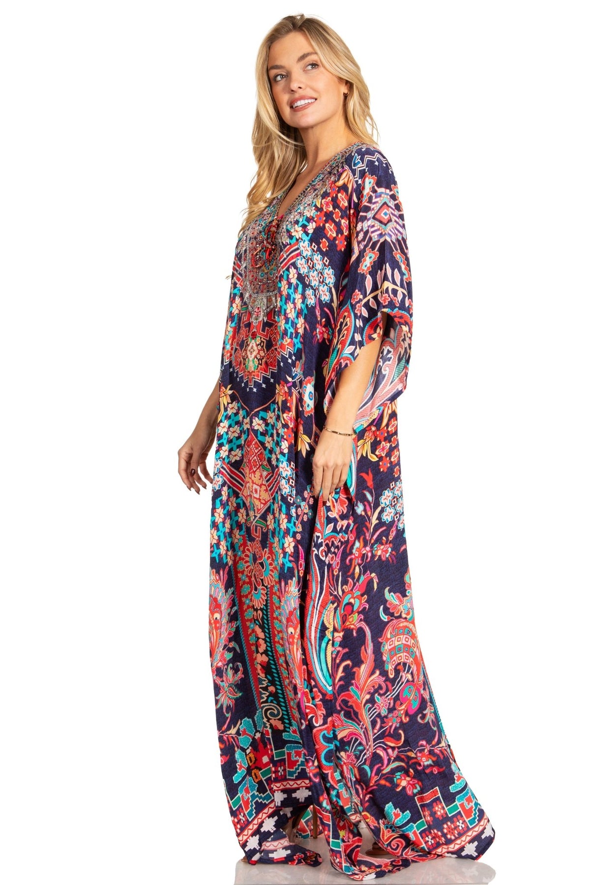 Sakkas Georgettina 2025 Flowy Rhinestone V Neck Long Caftan Dress / Cover Up dresses La Vie Bien Sakkas Georgettina 2025 Flowy Rhinestone V Neck Long Caftan Dress / Cover Up