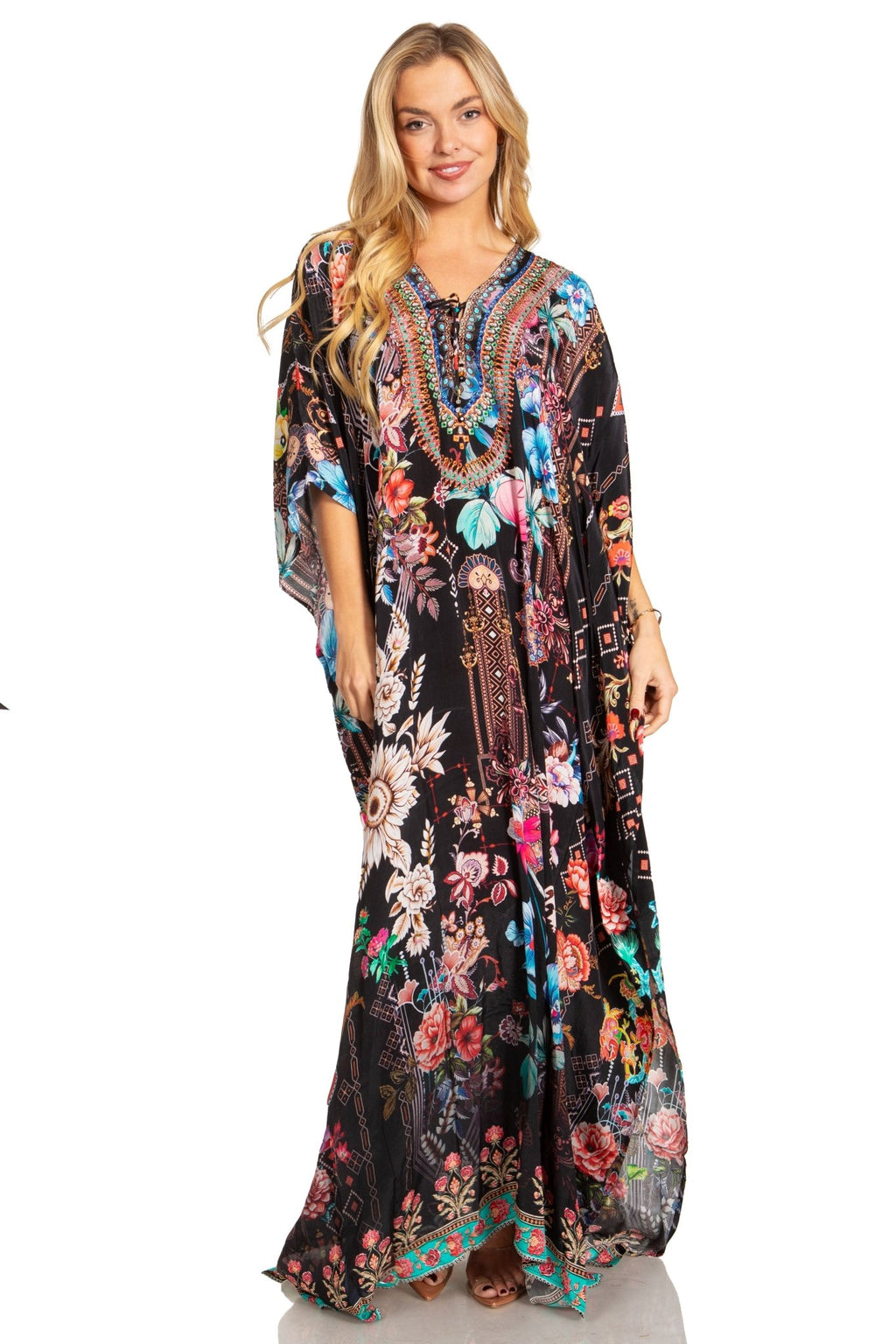 Sakkas Georgettina 2025 Flowy Rhinestone V Neck Long Caftan Dress / Cover Up dresses La Vie Bien Sakkas Georgettina 2025 Flowy Rhinestone V Neck Long Caftan Dress / Cover Up