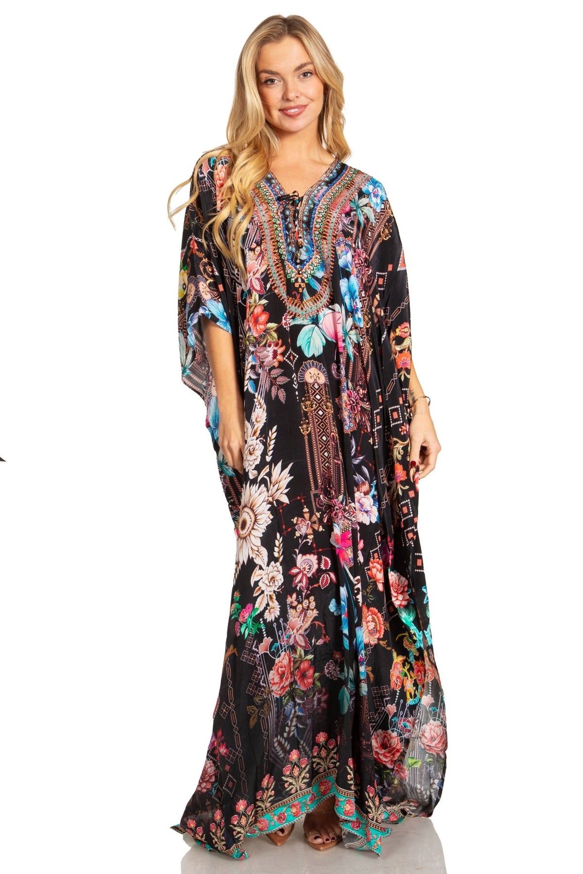 Sakkas Georgettina 2025 Flowy Rhinestone V Neck Long Caftan Dress / Cover Up dresses La Vie Bien Sakkas Georgettina 2025 Flowy Rhinestone V Neck Long Caftan Dress / Cover Up