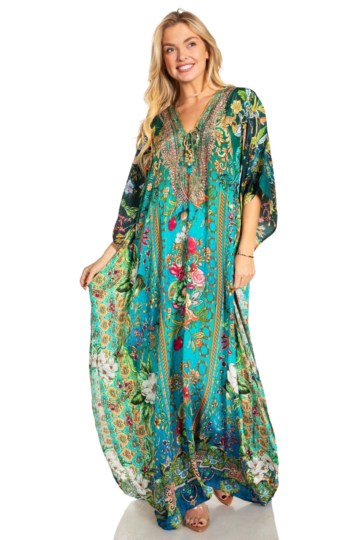 Sakkas Georgettina 2025 Flowy Rhinestone V Neck Long Caftan Dress / Cover Up dresses La Vie Bien Sakkas Georgettina 2025 Flowy Rhinestone V Neck Long Caftan Dress / Cover Up