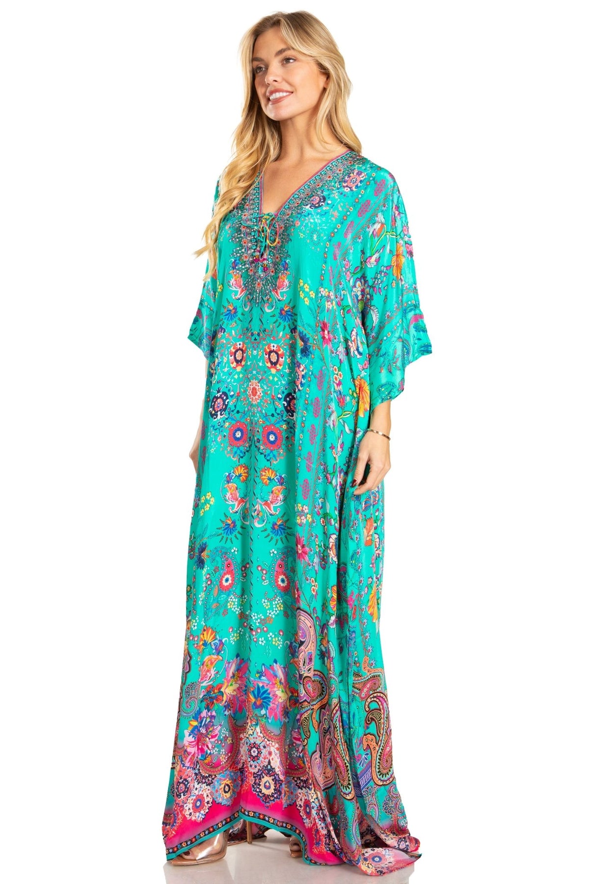 Sakkas Georgettina 2025 Flowy Rhinestone V Neck Long Caftan Dress / Cover Up dresses La Vie Bien Sakkas Georgettina 2025 Flowy Rhinestone V Neck Long Caftan Dress / Cover Up