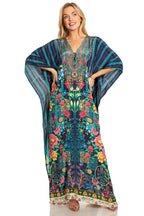 Sakkas Georgettina 2025 Flowy Rhinestone V Neck Long Caftan Dress / Cover Up dresses La Vie Bien Sakkas Georgettina 2025 Flowy Rhinestone V Neck Long Caftan Dress / Cover Up