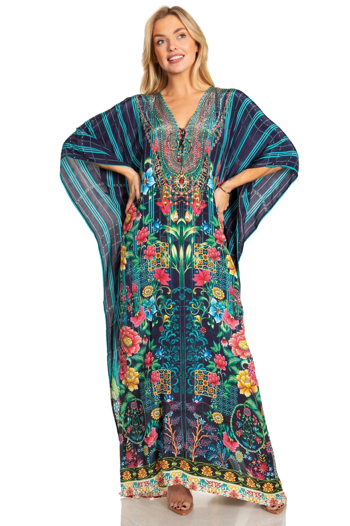 Sakkas Georgettina 2025 Flowy Rhinestone V Neck Long Caftan Dress / Cover Up dresses La Vie Bien Sakkas Georgettina 2025 Flowy Rhinestone V Neck Long Caftan Dress / Cover Up