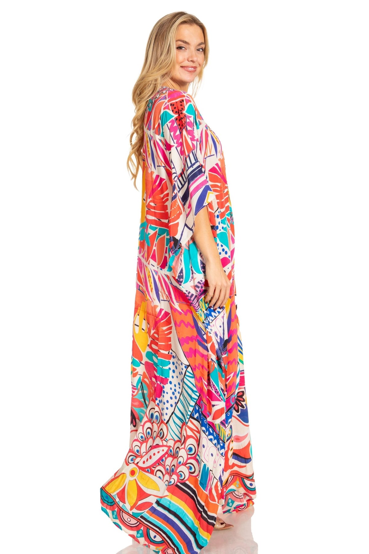 Sakkas Georgettina 2025 Flowy Rhinestone V Neck Long Caftan Dress / Cover Up dresses La Vie Bien Sakkas Georgettina 2025 Flowy Rhinestone V Neck Long Caftan Dress / Cover Up