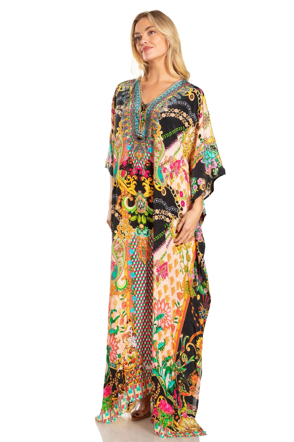 Sakkas Georgettina 2025 Flowy Rhinestone V Neck Long Caftan Dress / Cover Up dresses La Vie Bien Sakkas Georgettina 2025 Flowy Rhinestone V Neck Long Caftan Dress / Cover Up
