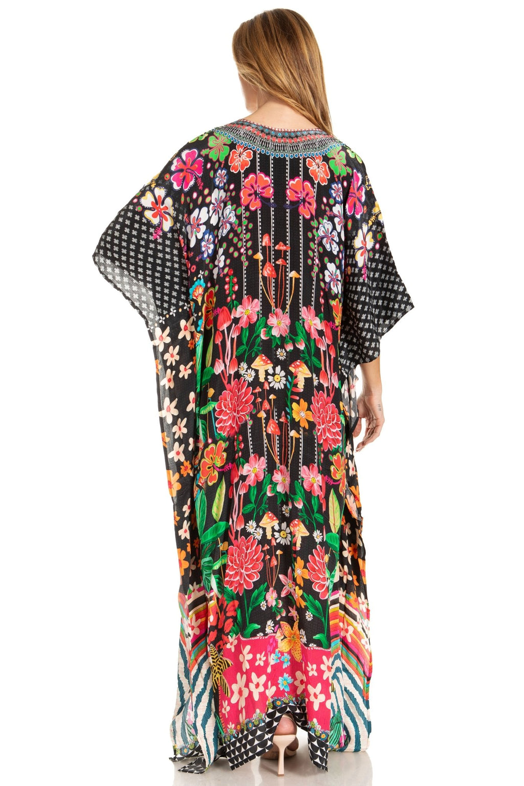 Sakkas Georgettina 2025 Flowy Rhinestone V Neck Long Caftan Dress / Cover Up dresses La Vie Bien Sakkas Georgettina 2025 Flowy Rhinestone V Neck Long Caftan Dress / Cover Up