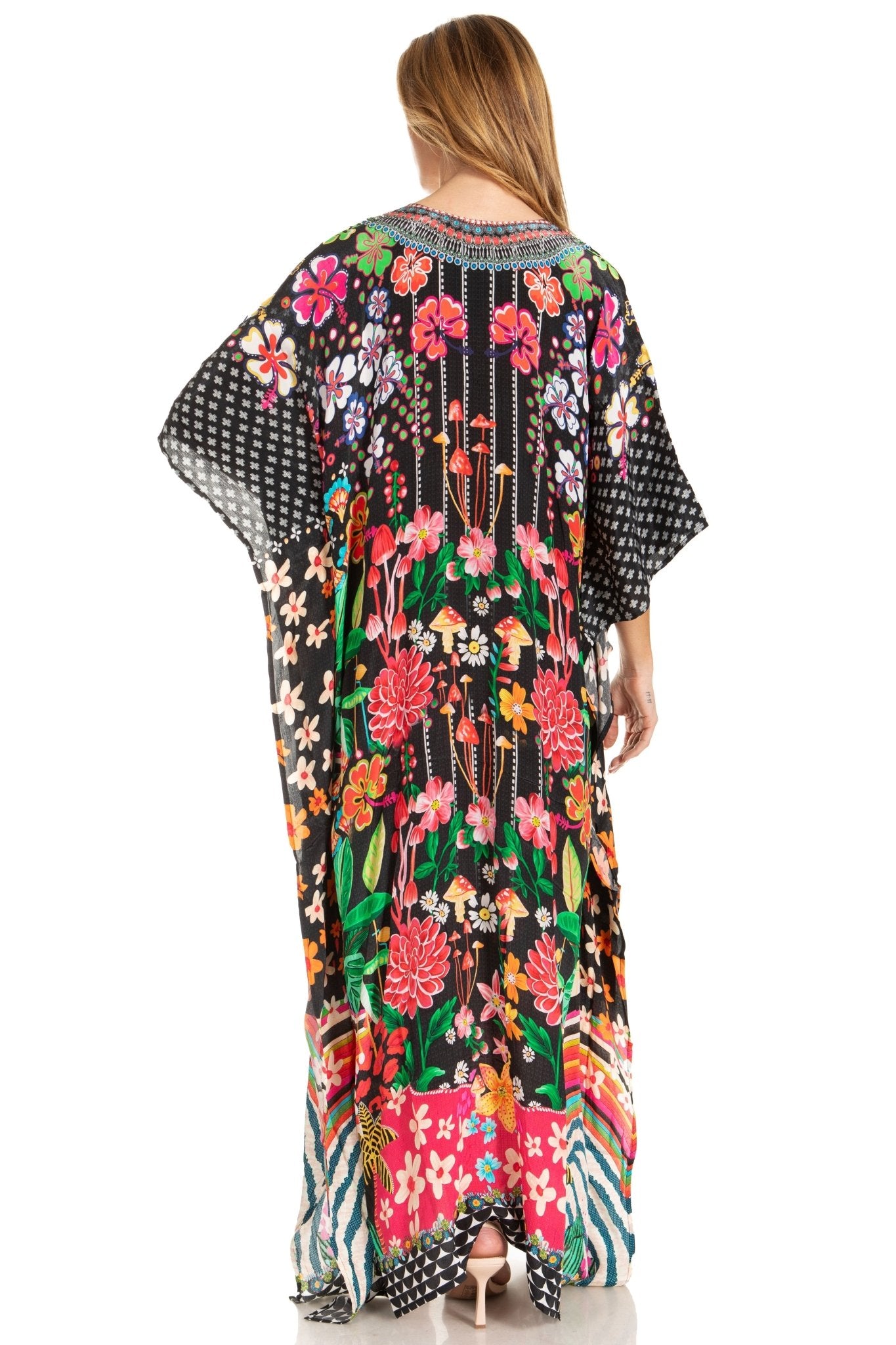 Sakkas Georgettina 2025 Flowy Rhinestone V Neck Long Caftan Dress / Cover Up dresses La Vie Bien Sakkas Georgettina 2025 Flowy Rhinestone V Neck Long Caftan Dress / Cover Up