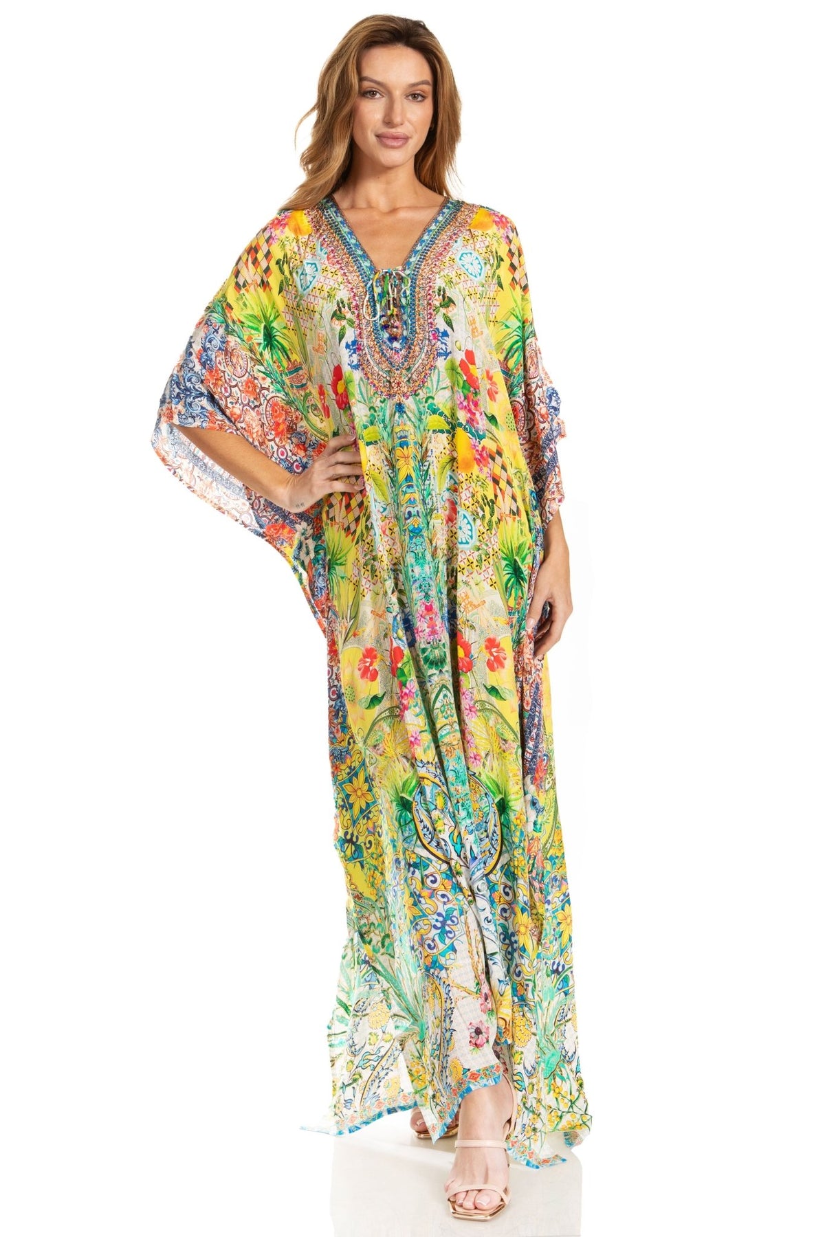 Sakkas Georgettina 2025 Flowy Rhinestone V Neck Long Caftan Dress / Cover Up dresses La Vie Bien Sakkas Georgettina 2025 Flowy Rhinestone V Neck Long Caftan Dress / Cover Up
