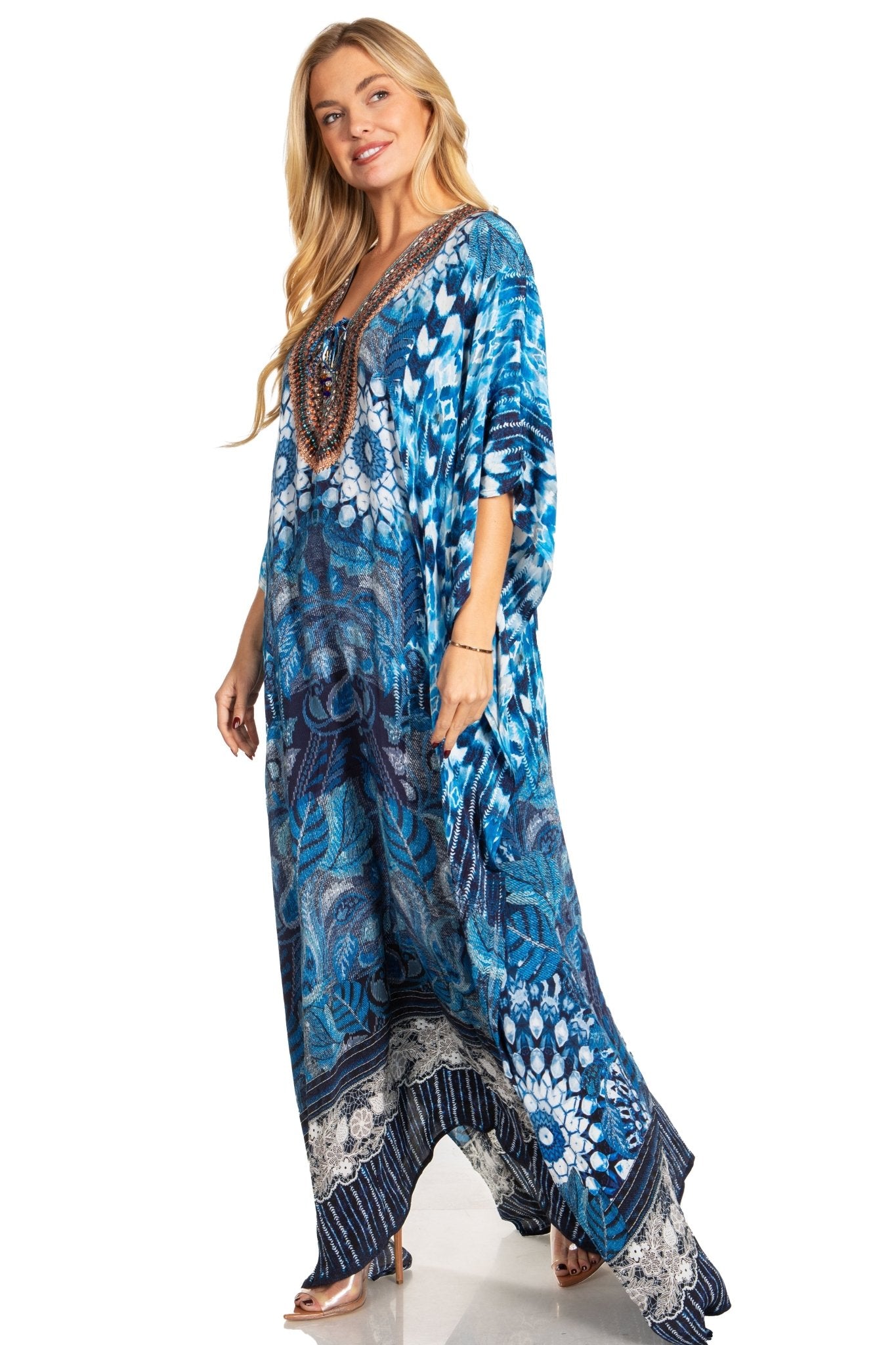 Sakkas Georgettina 2025 Flowy Rhinestone V Neck Long Caftan Dress / Cover Up dresses La Vie Bien Sakkas Georgettina 2025 Flowy Rhinestone V Neck Long Caftan Dress / Cover Up