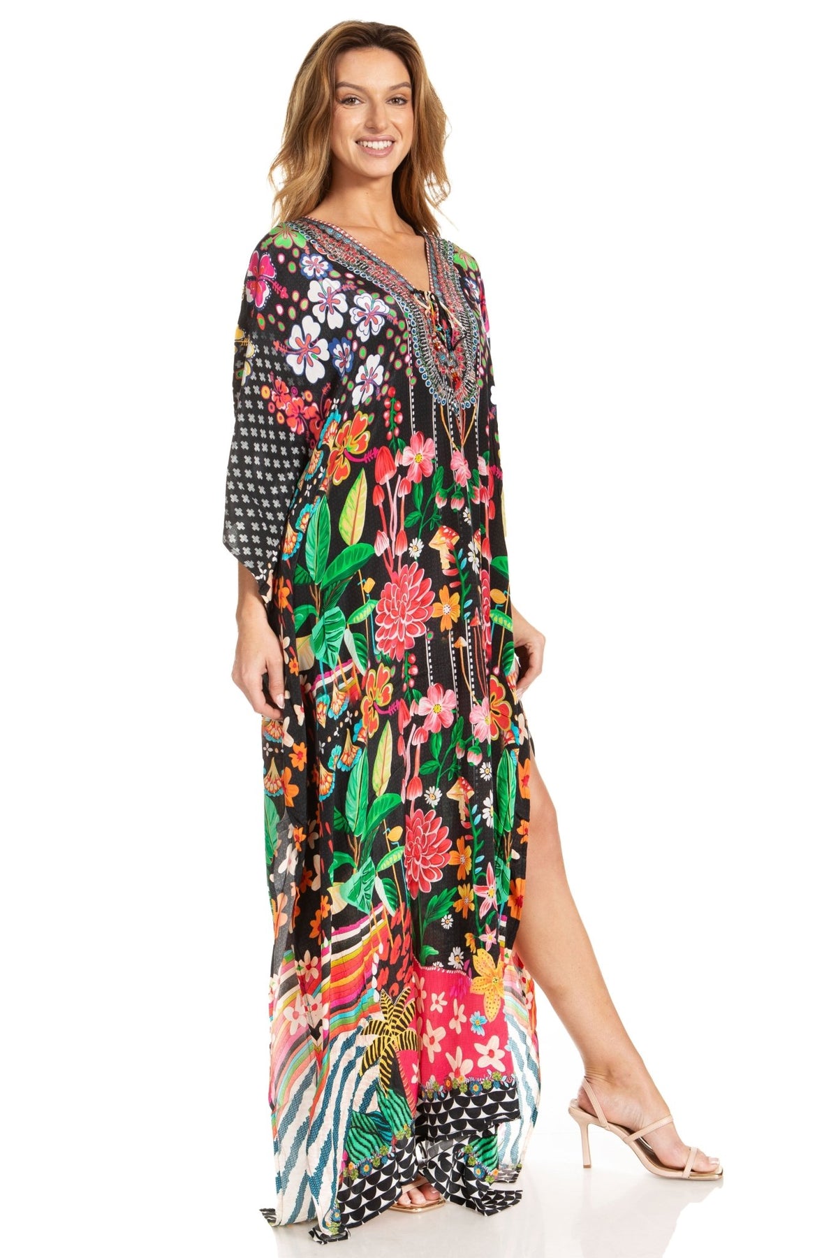 Sakkas Georgettina 2025 Flowy Rhinestone V Neck Long Caftan Dress / Cover Up dresses La Vie Bien Sakkas Georgettina 2025 Flowy Rhinestone V Neck Long Caftan Dress / Cover Up
