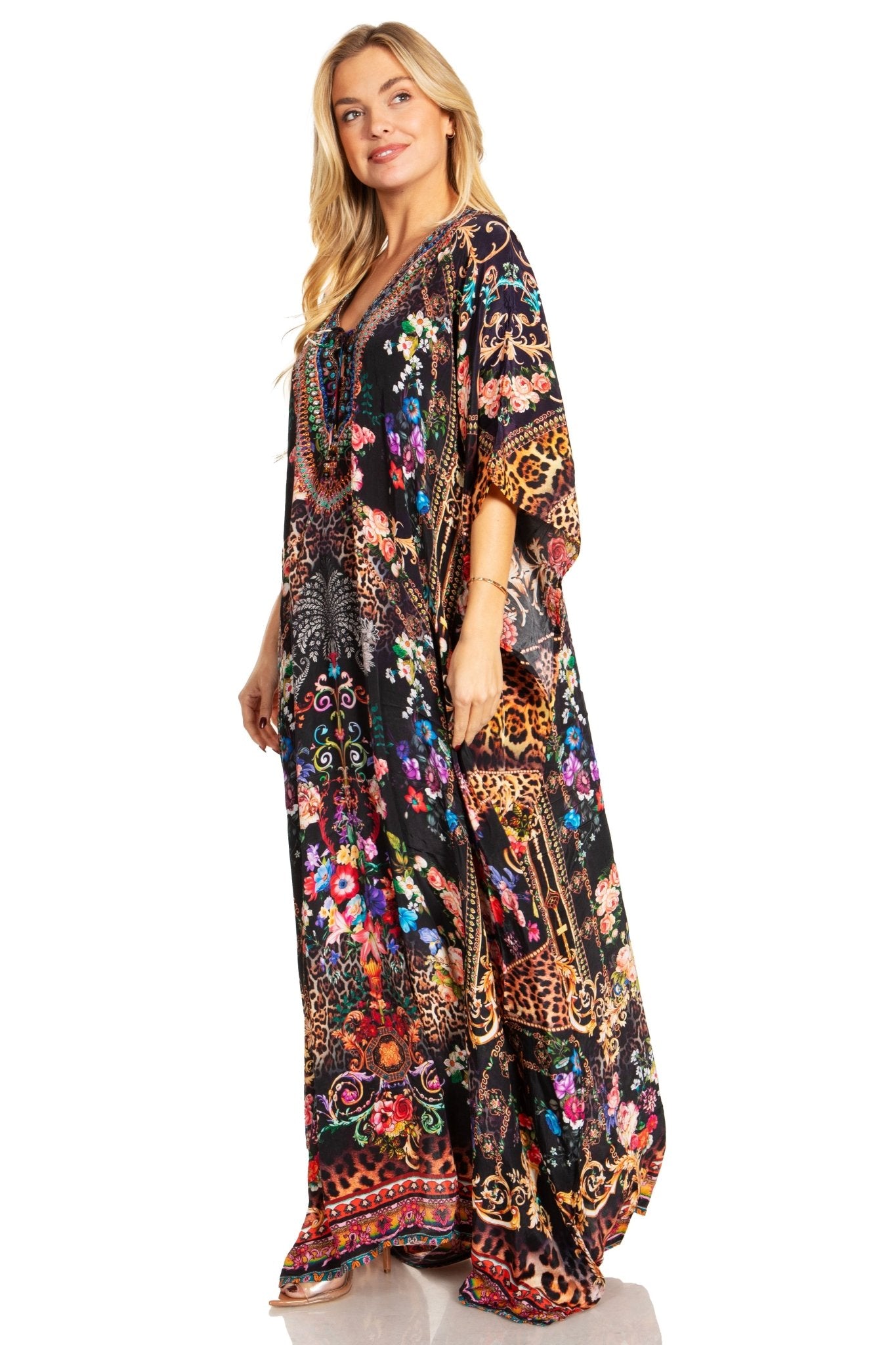 Sakkas Georgettina 2025 Flowy Rhinestone V Neck Long Caftan Dress / Cover Up dresses La Vie Bien Sakkas Georgettina 2025 Flowy Rhinestone V Neck Long Caftan Dress / Cover Up