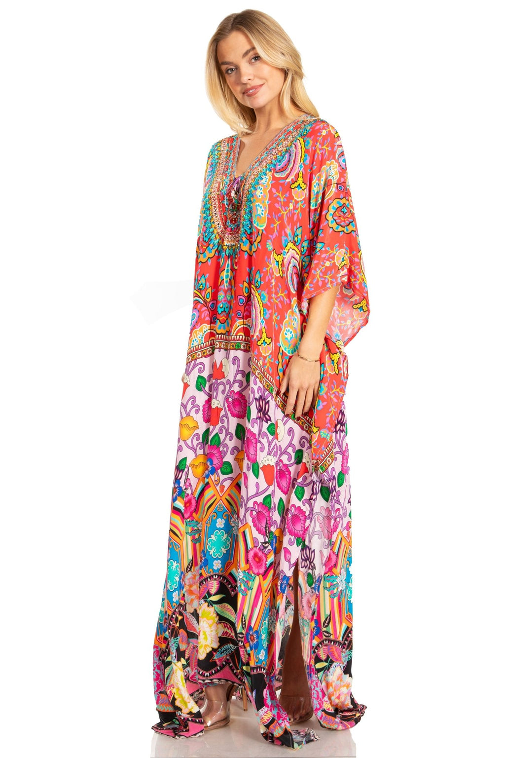 Sakkas Georgettina 2025 Flowy Rhinestone V Neck Long Caftan Dress / Cover Up dresses La Vie Bien Sakkas Georgettina 2025 Flowy Rhinestone V Neck Long Caftan Dress / Cover Up