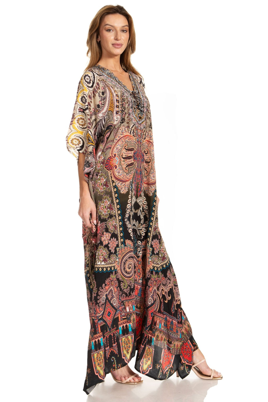 Sakkas Georgettina 2025 Flowy Rhinestone V Neck Long Caftan Dress / Cover Up dresses La Vie Bien Sakkas Georgettina 2025 Flowy Rhinestone V Neck Long Caftan Dress / Cover Up