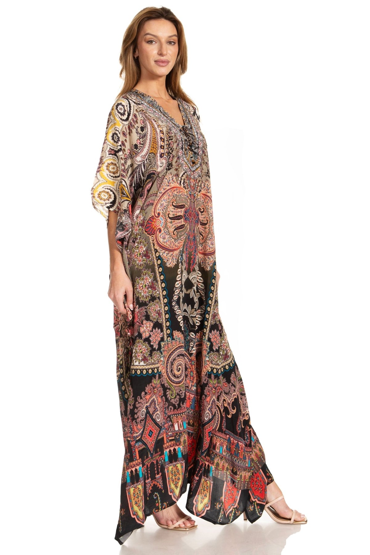 Sakkas Georgettina 2025 Flowy Rhinestone V Neck Long Caftan Dress / Cover Up dresses La Vie Bien Sakkas Georgettina 2025 Flowy Rhinestone V Neck Long Caftan Dress / Cover Up
