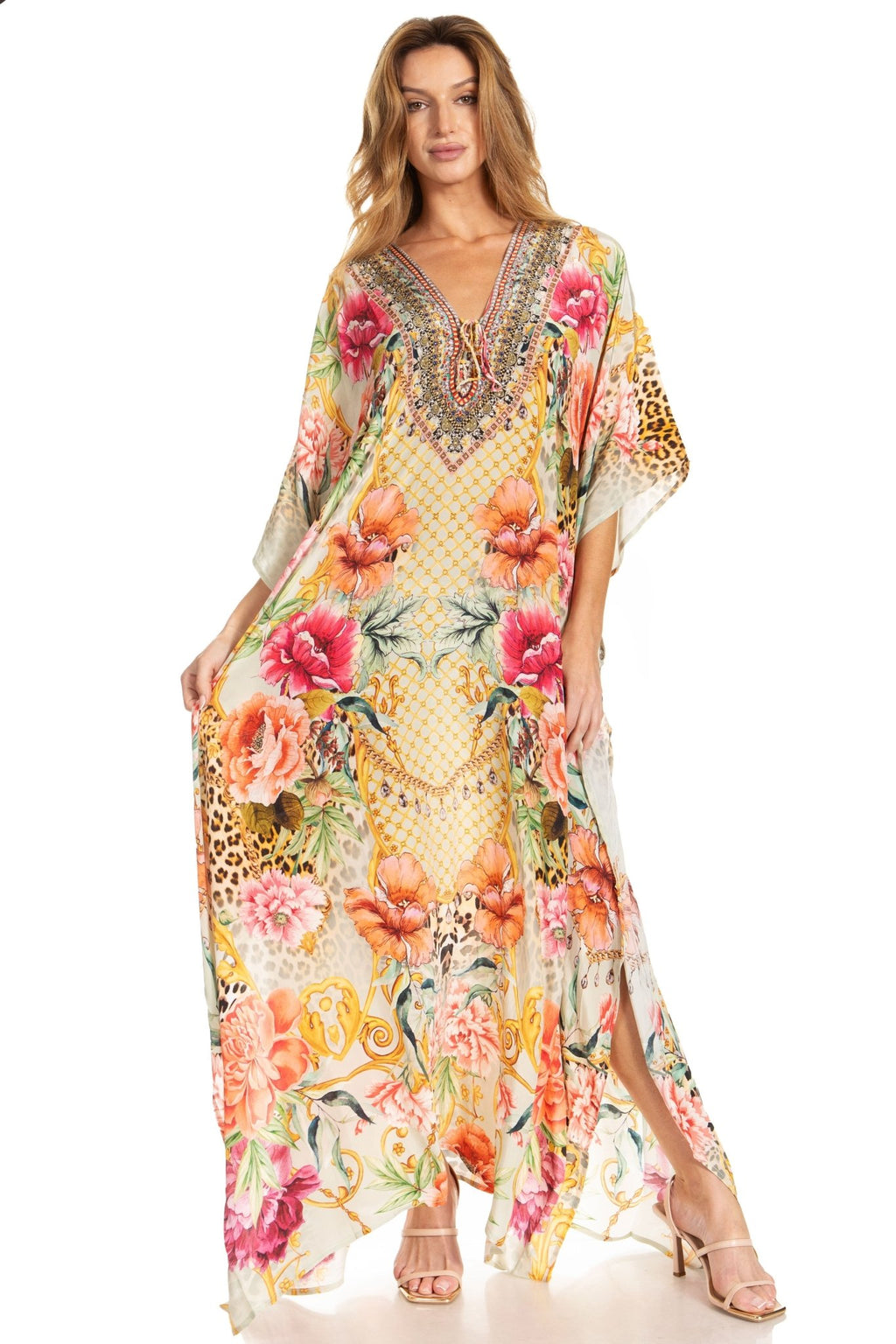 Sakkas Georgettina 2025 Flowy Rhinestone V Neck Long Caftan Dress / Cover Up dresses La Vie Bien Sakkas Georgettina 2025 Flowy Rhinestone V Neck Long Caftan Dress / Cover Up