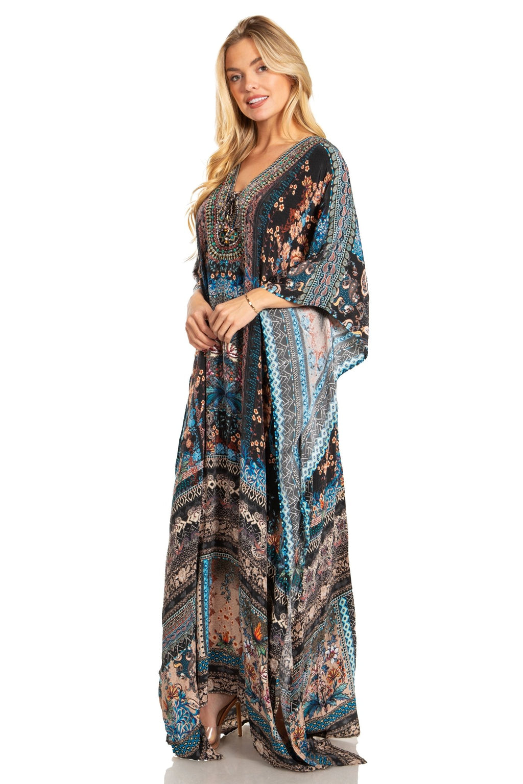 Sakkas Georgettina 2025 Flowy Rhinestone V Neck Long Caftan Dress / Cover Up dresses La Vie Bien Sakkas Georgettina 2025 Flowy Rhinestone V Neck Long Caftan Dress / Cover Up