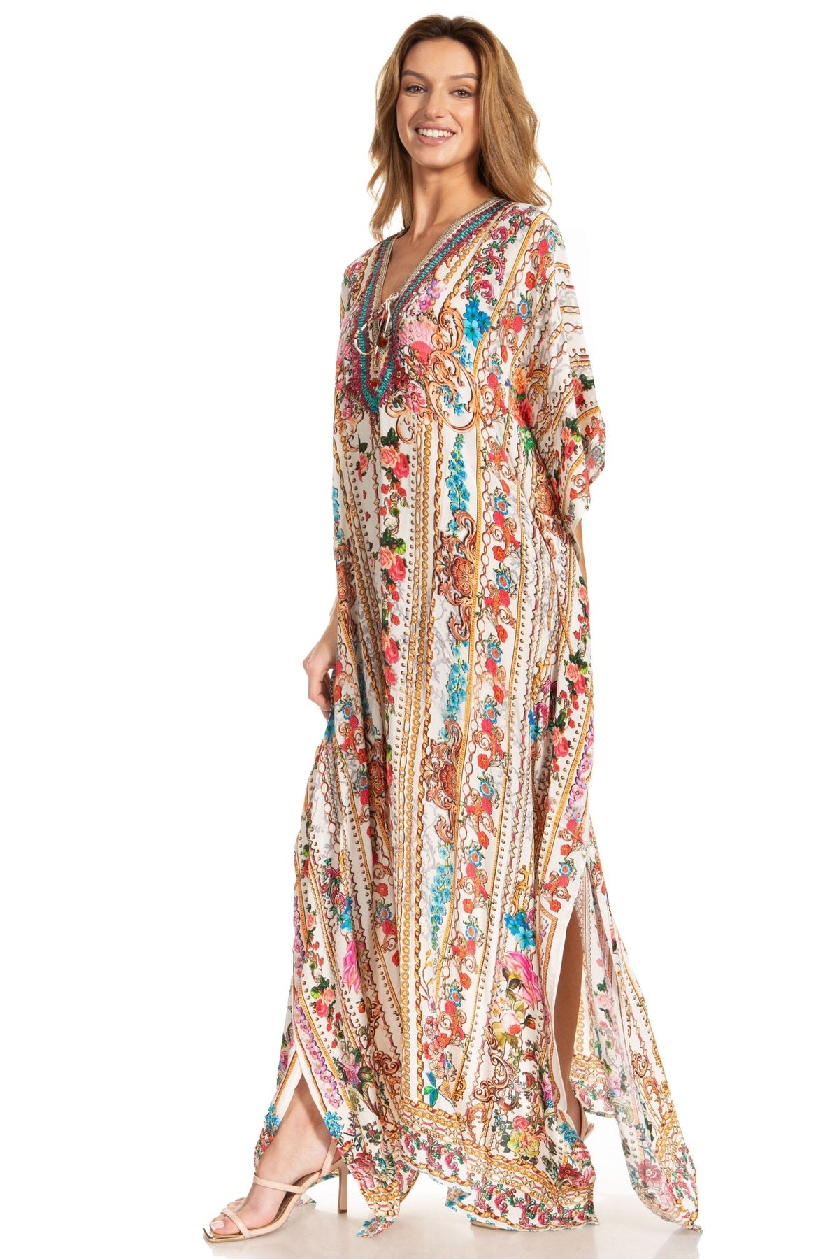 Sakkas Georgettina 2025 Flowy Rhinestone V Neck Long Caftan Dress / Cover Up dresses La Vie Bien Sakkas Georgettina 2025 Flowy Rhinestone V Neck Long Caftan Dress / Cover Up