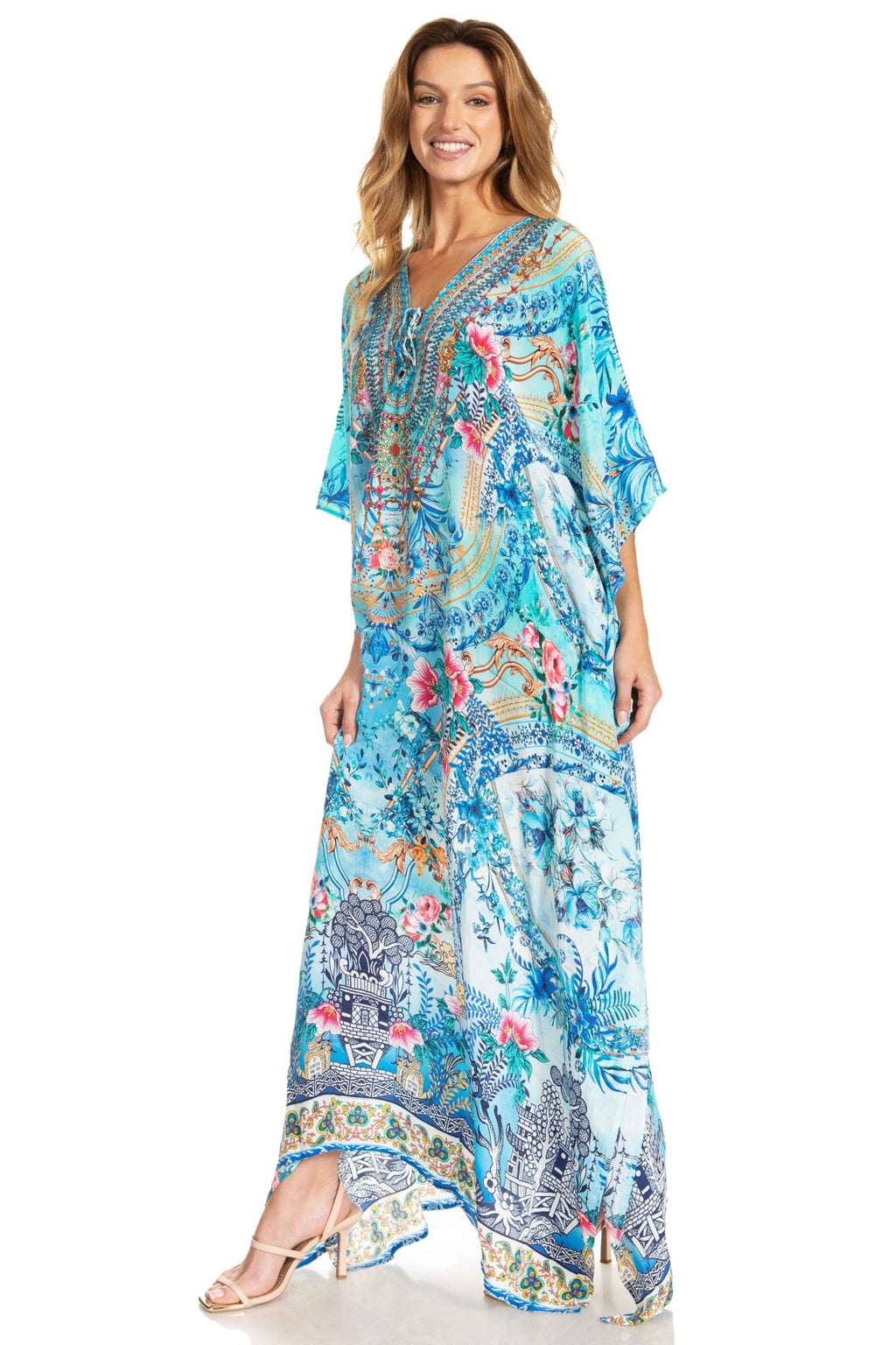 Sakkas Georgettina 2025 Flowy Rhinestone V Neck Long Caftan Dress / Cover Up dresses La Vie Bien Sakkas Georgettina 2025 Flowy Rhinestone V Neck Long Caftan Dress / Cover Up