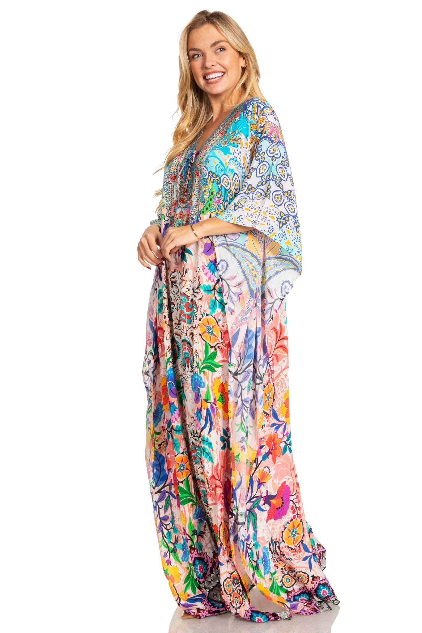 Sakkas Georgettina 2025 Flowy Rhinestone V Neck Long Caftan Dress / Cover Up dresses La Vie Bien Sakkas Georgettina 2025 Flowy Rhinestone V Neck Long Caftan Dress / Cover Up